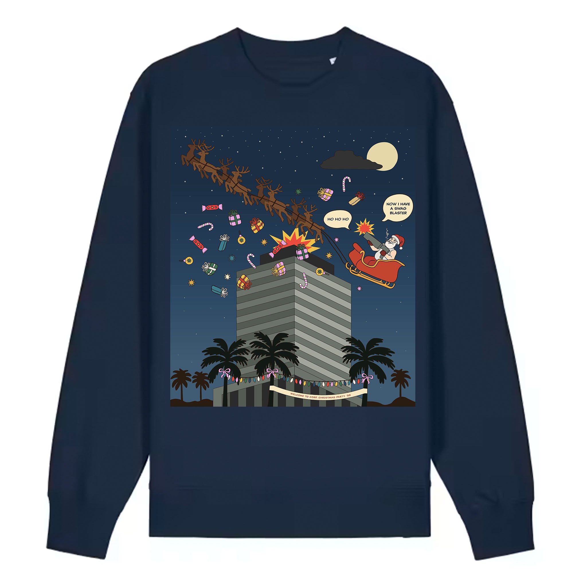 Navy blue sweatshirt with a festive design featuring Santa Claus, reindeer, and presents on a white background in comic book style.