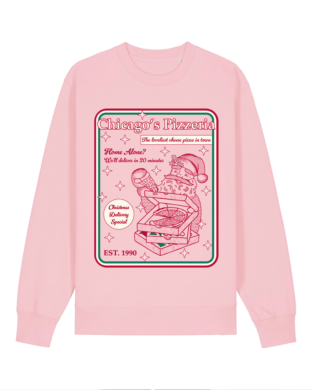 Pink Christmas Jumper featuring Santa eating a plain cheese pizza from cardbaord pizza boxes.  Retro design with a red, white and green border