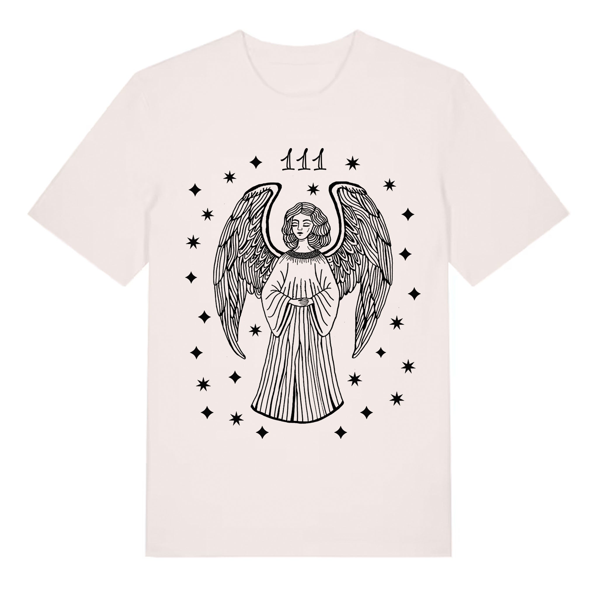T-shirt with an angel design and number 111 on a white background