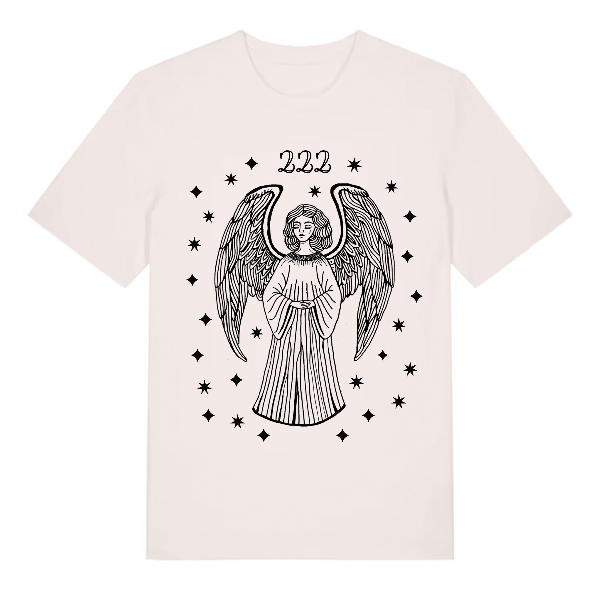 White t-shirt with an angel graphic and '222' on a white background