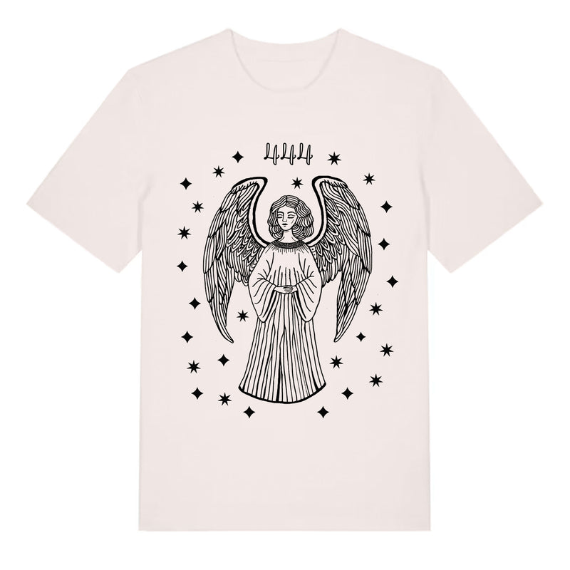 White t-shirt with black angel design on a white background and number 444