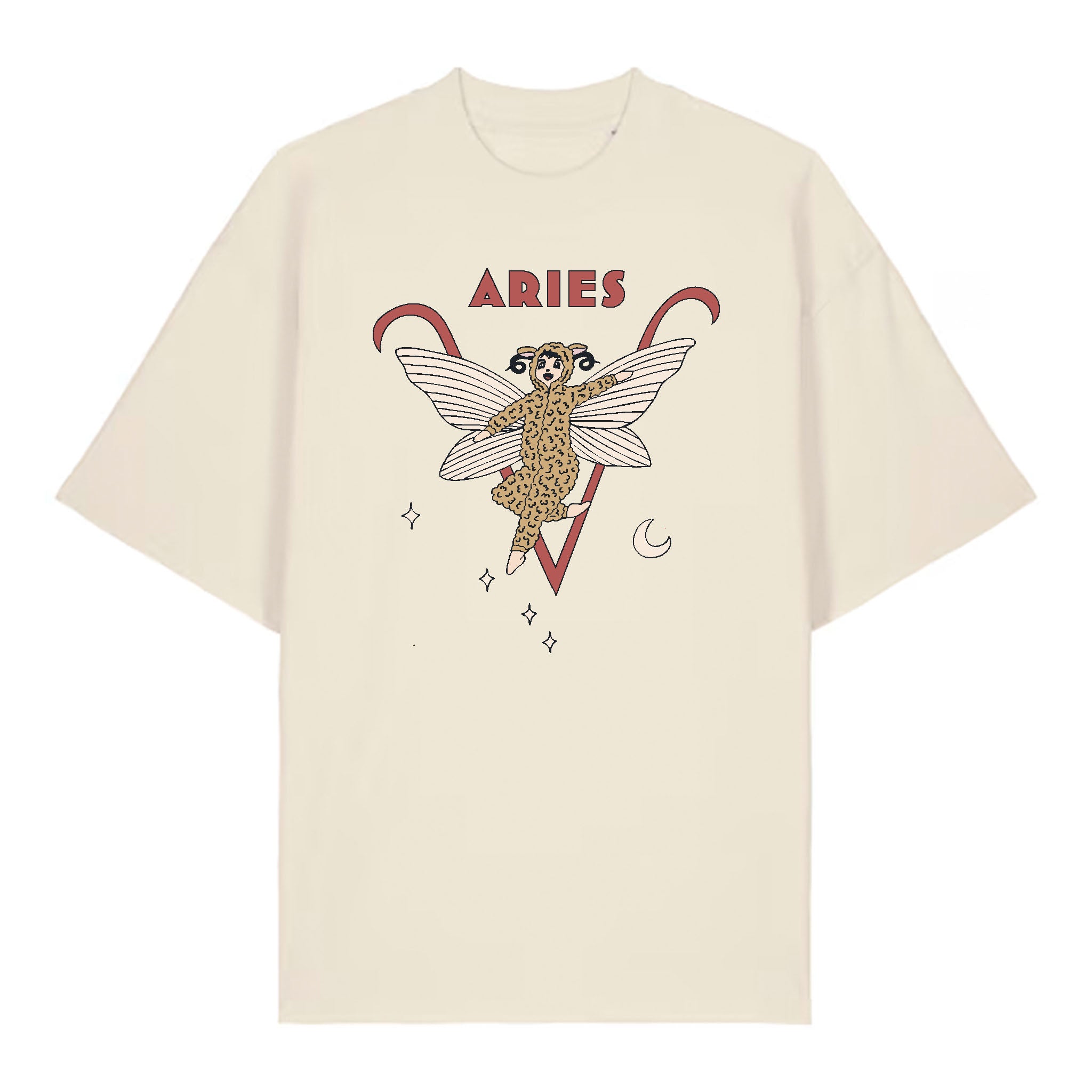 Beige t-shirt with Aries zodiac sign design on a white background