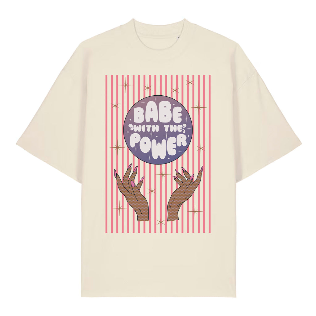 Beige t-shirt with graphic design of hands and 'Babe with the Power' text on a white background
