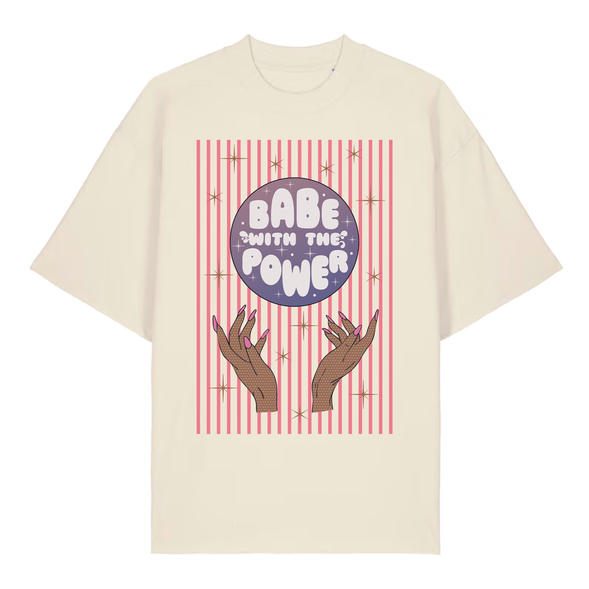 Beige t-shirt with graphic design of hands and 'Babe with the Power' text on a white background