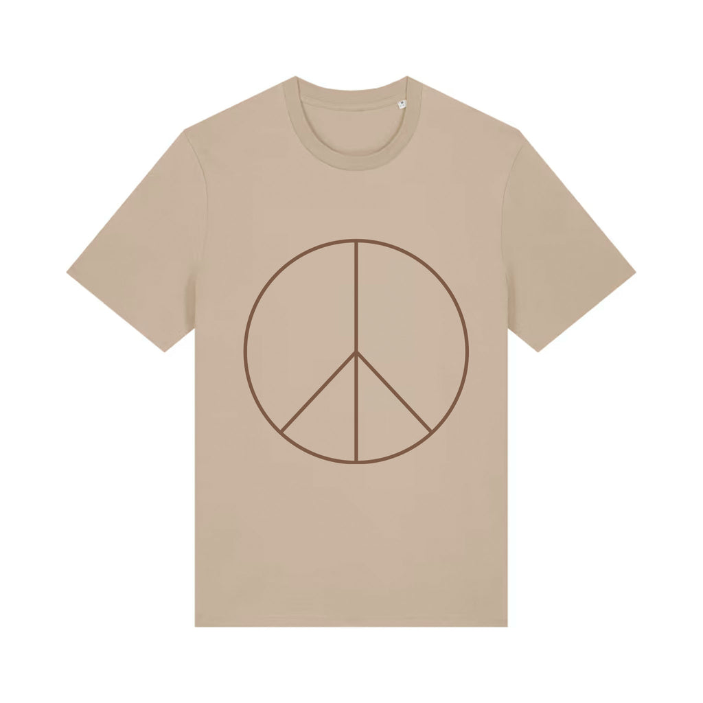 Beige t-shirt with peace symbol design on a white background