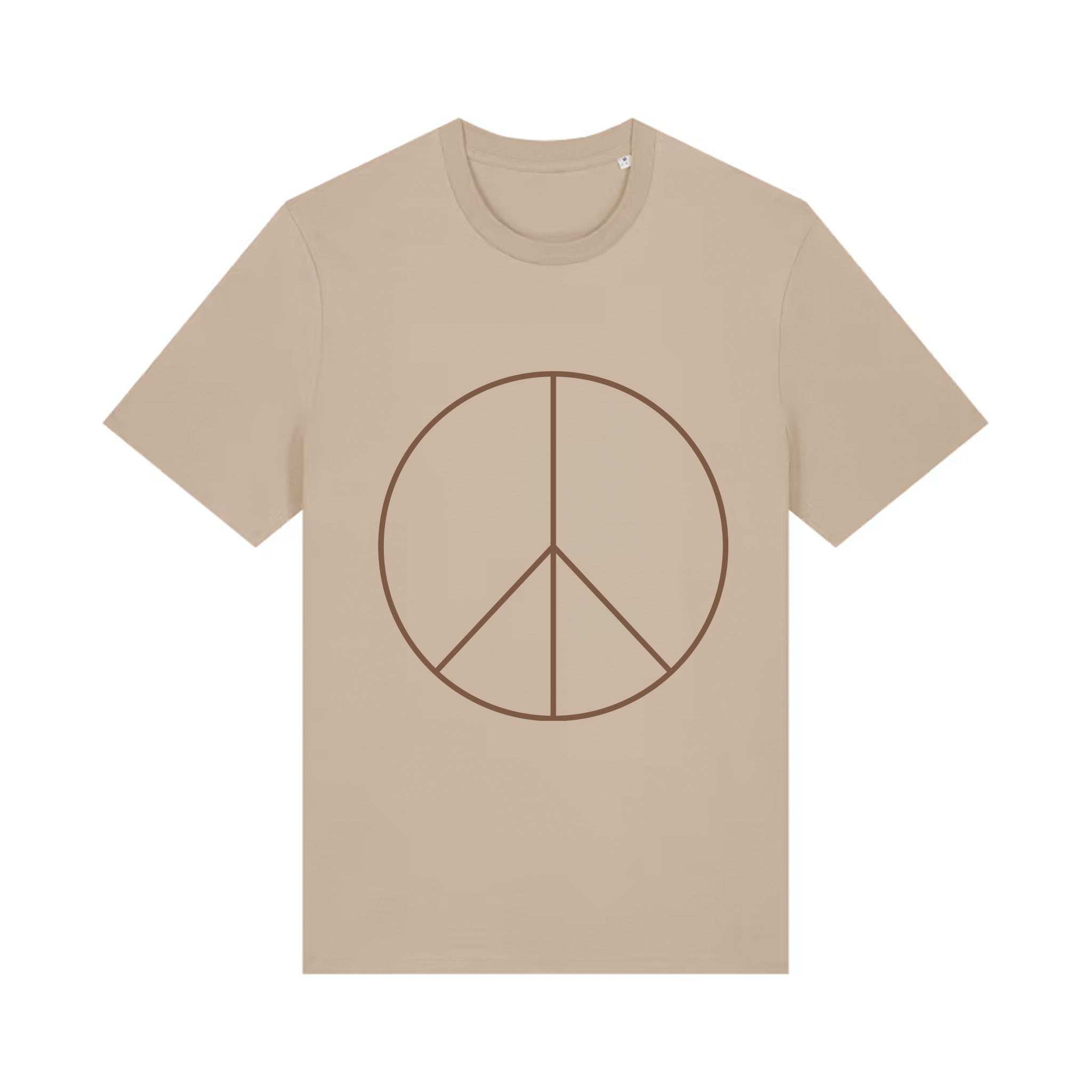 Beige t-shirt with peace symbol design on a white background