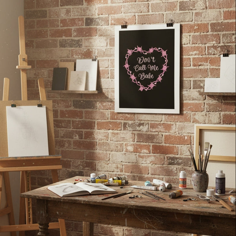 Art studio with a brick wall, easel, and framed artwork.