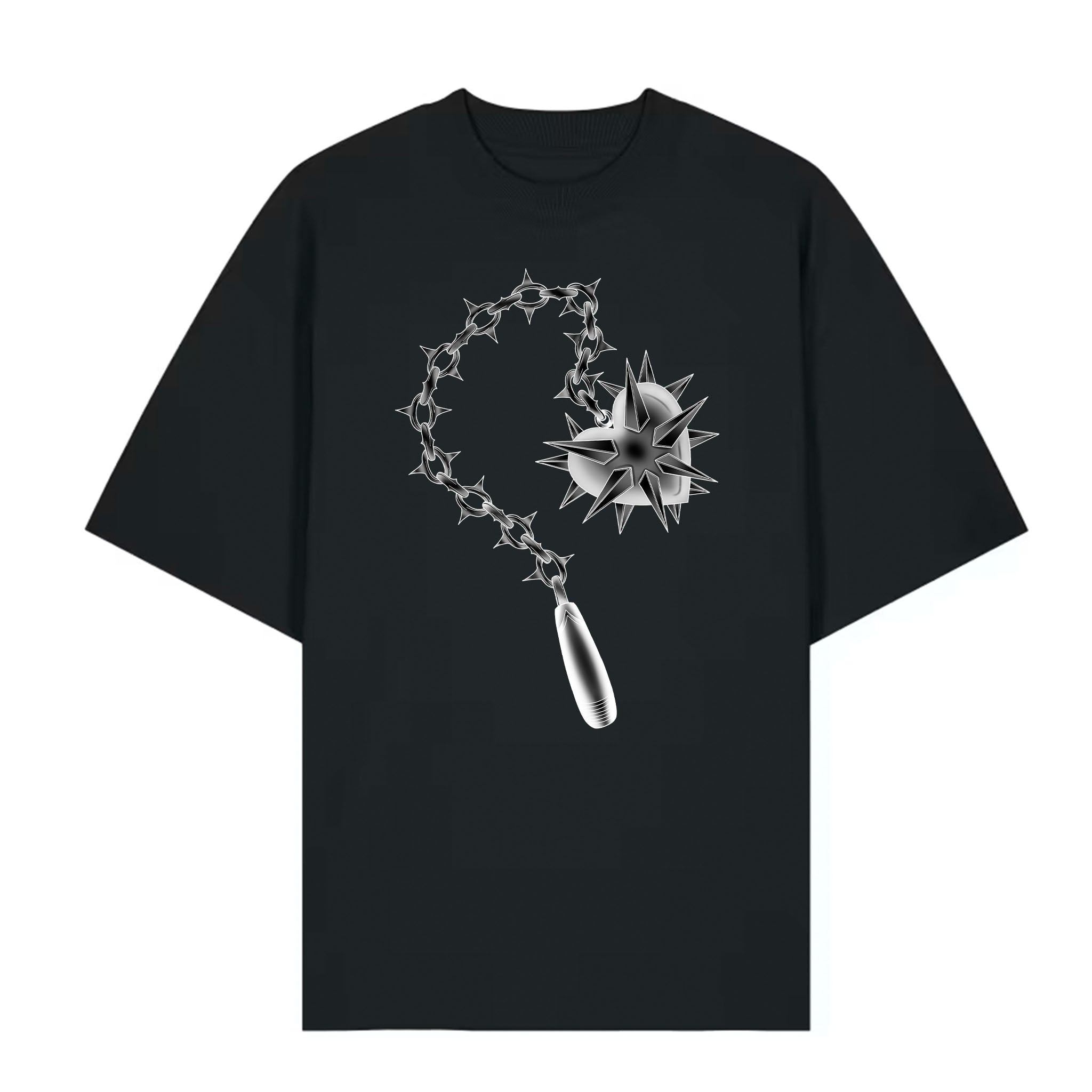 Black t-shirt with a white graphic design on a white background