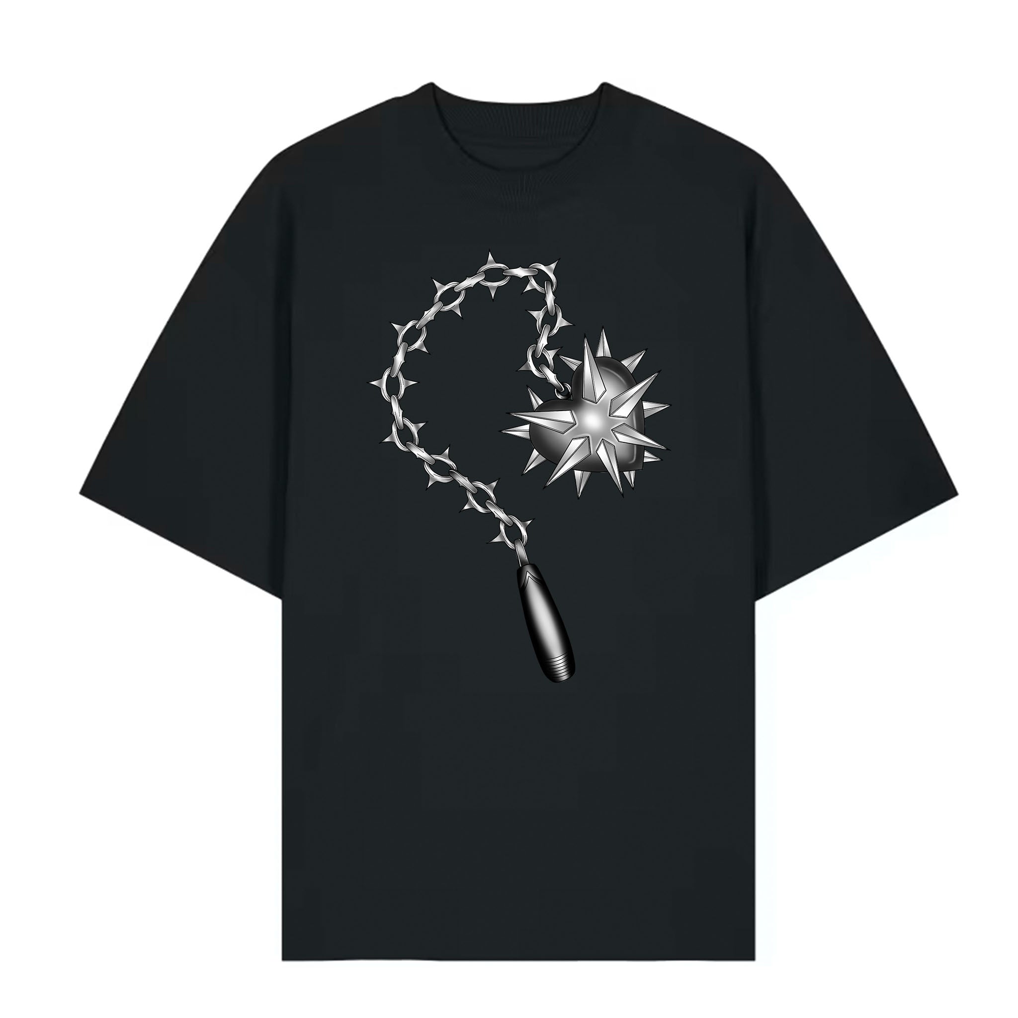 Black t-shirt with a silver star and barbed wire design on a white background