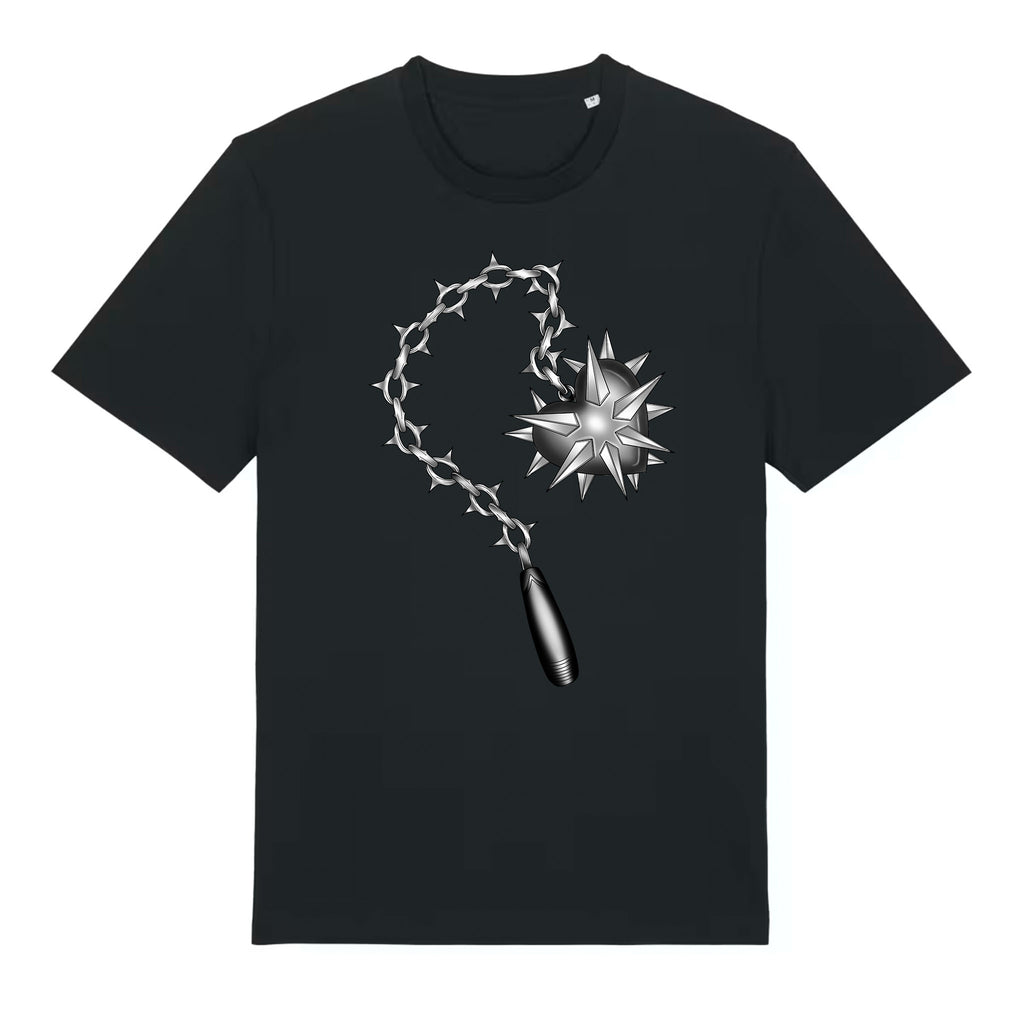 Black classic‑fit organic cotton T‑shirt with a blackwork silver flail design featuring a spiked ball and chain.

