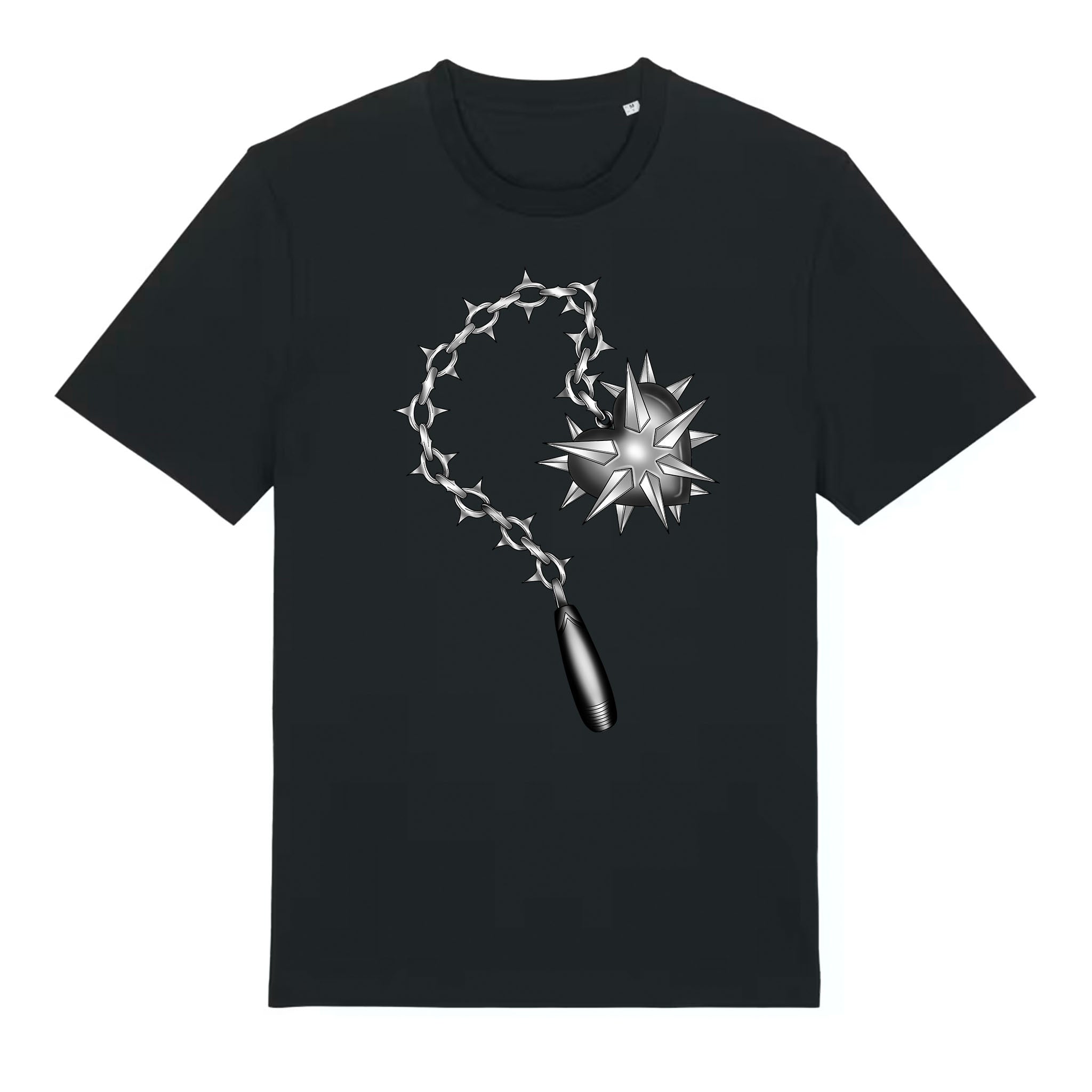 Black classic‑fit organic cotton T‑shirt with a blackwork silver flail design featuring a spiked ball and chain.
