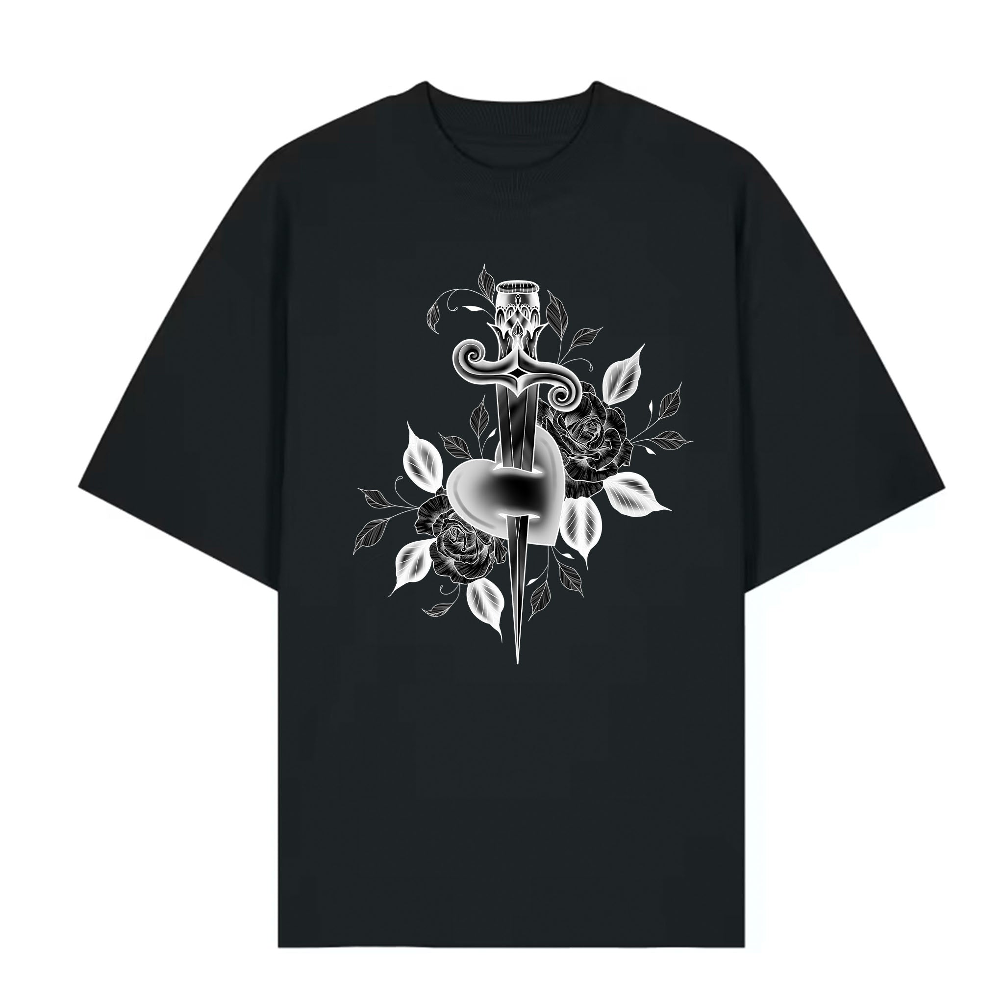 Black T‑shirt showcasing a tattoo‑inspired dagger‑and‑heart illustration with floral elements in monochrome blackwork style.