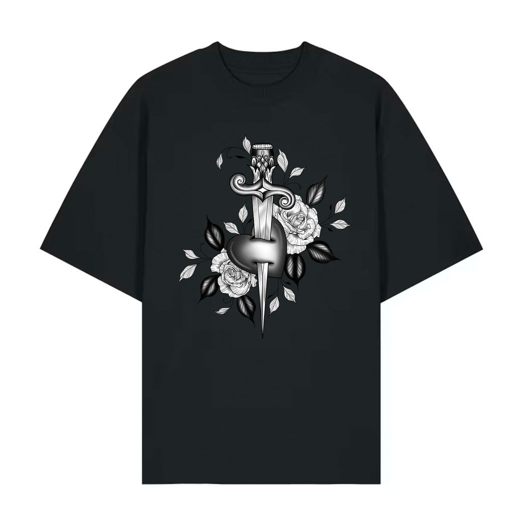 Black t-shirt with a dagger and floral design on a white background
