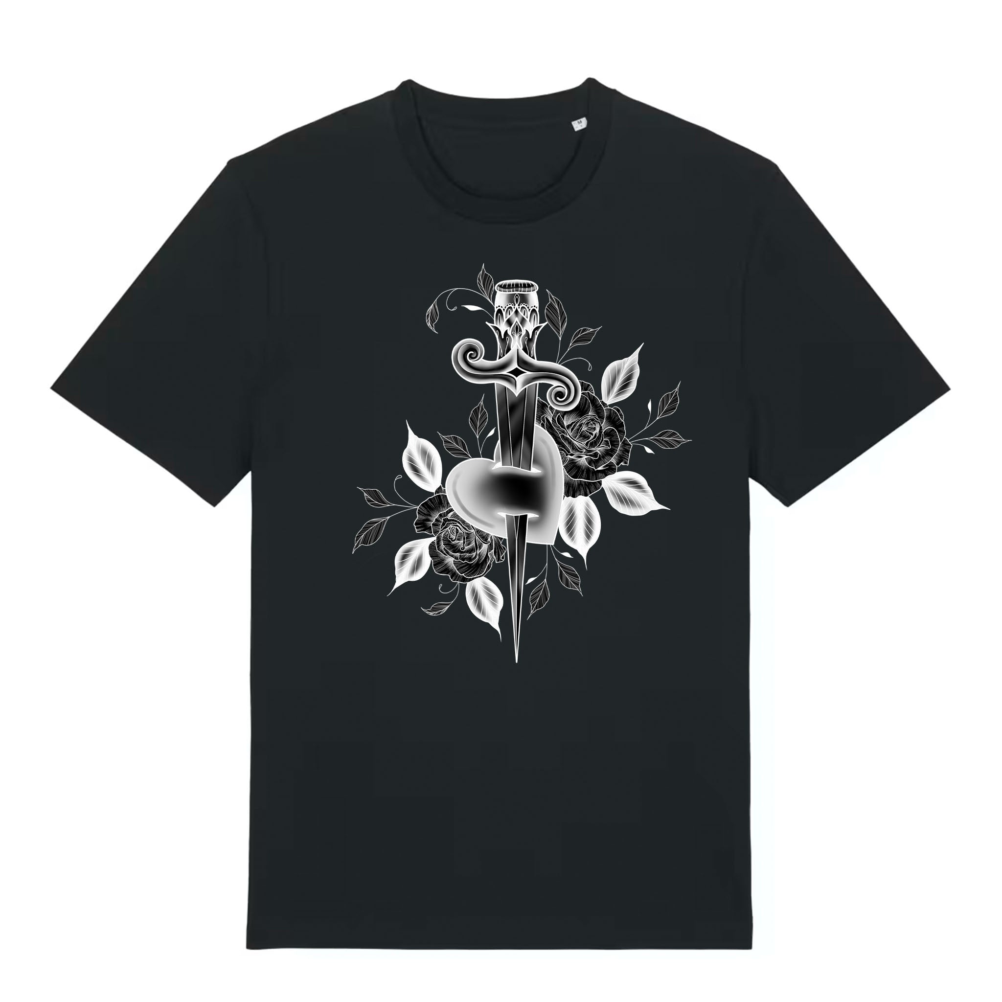 Black t-shirt with a white graphic design on a white background