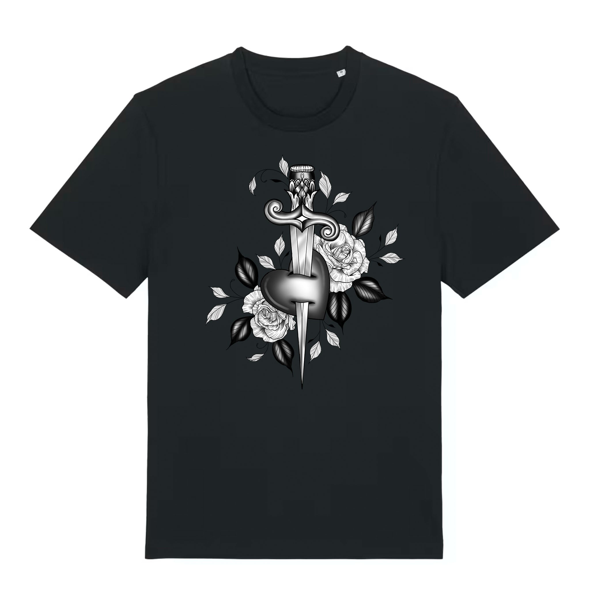 Black classic‑fit organic cotton T‑shirt with a blackwork dagger‑through‑heart illustration framed by roses and leaves.