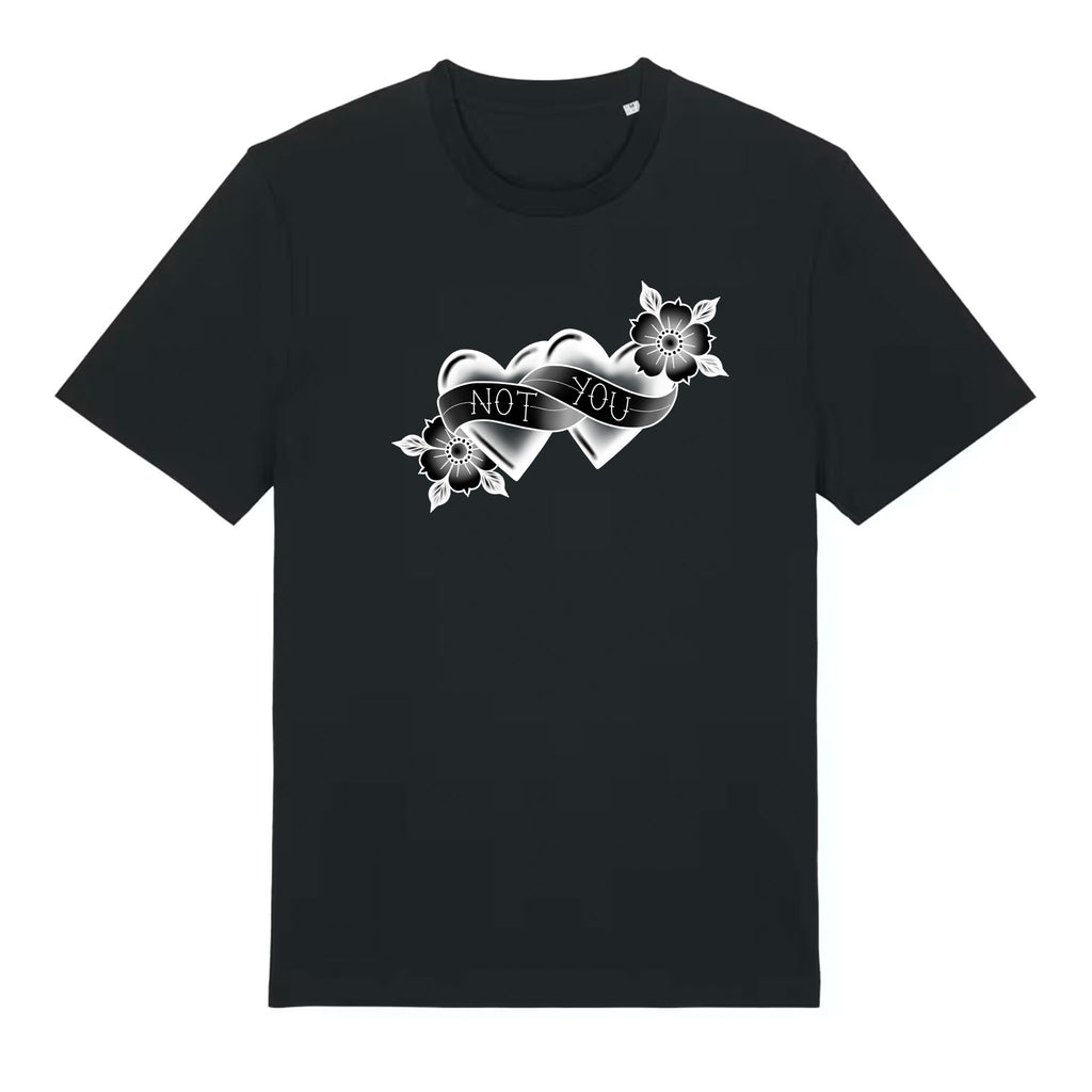 Black t-shirt with a heart and floral design on a white background