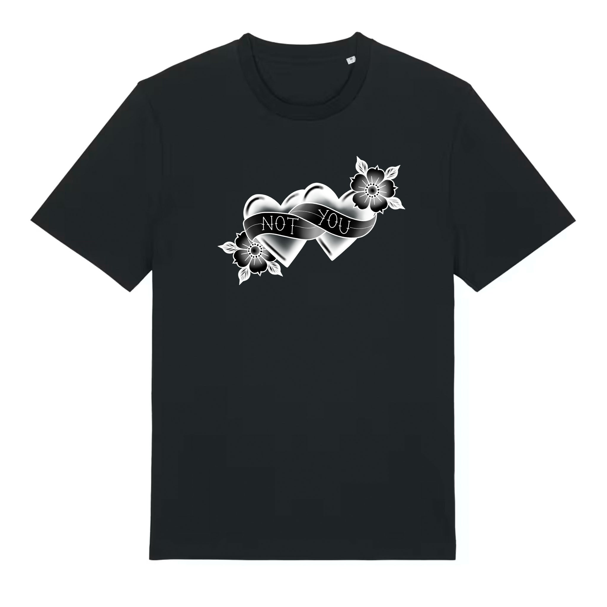 Black t-shirt with a heart and floral design on a white background