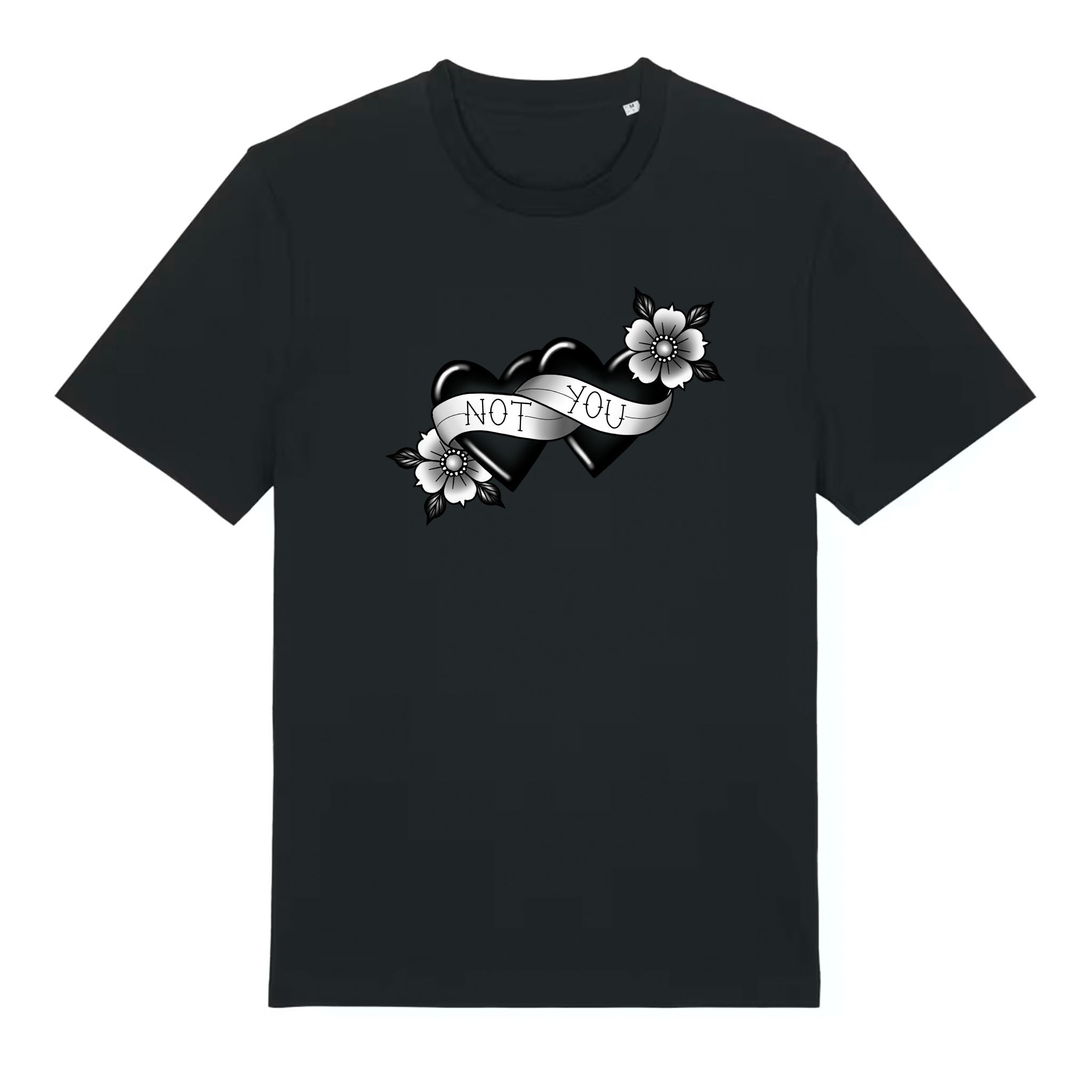 Black classic‑fit organic cotton T‑shirt featuring two hearts wrapped in a “Not You” ribbon with floral details in blackwork style.