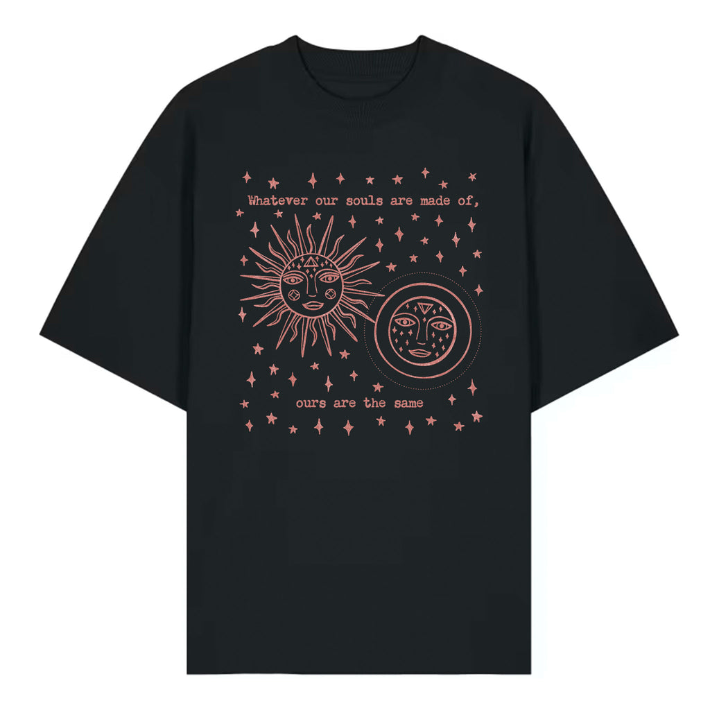 Black t-shirt with celestial design and text on a white background