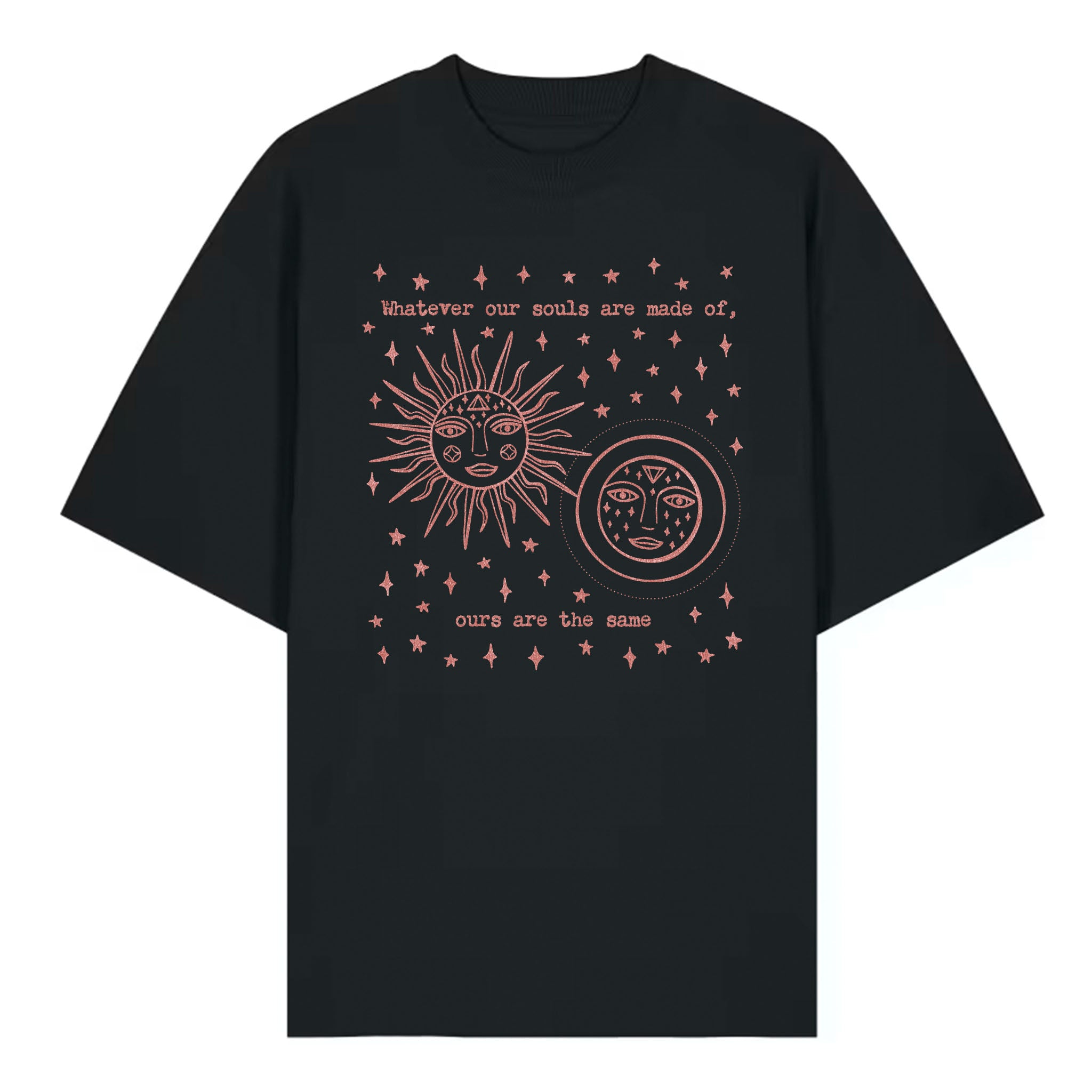 Black t-shirt with celestial design and text on a white background