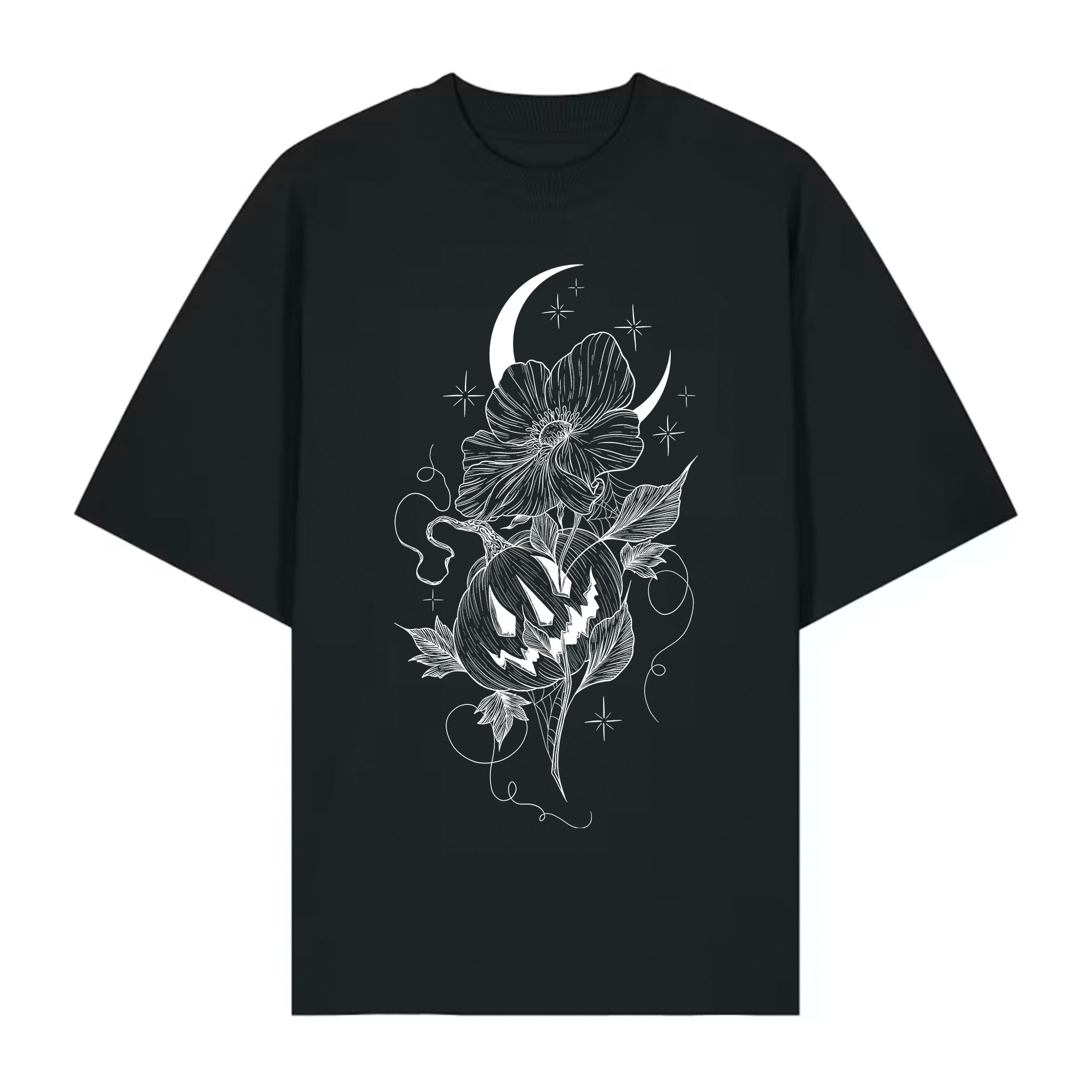 Black organic cotton T‑shirt with a blackwork tattoo‑style design featuring a crescent moon, flowers, stars, and a carved pumpkin illustration.