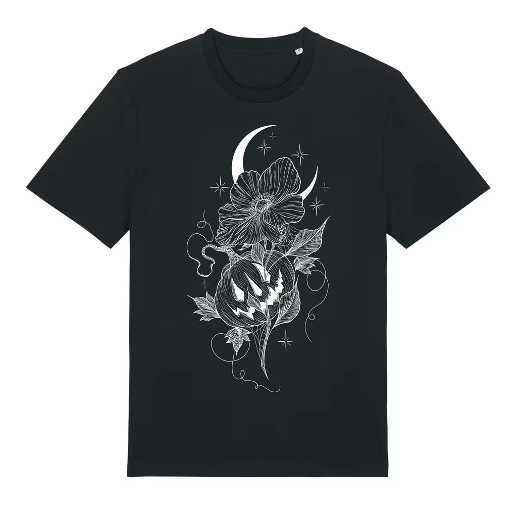 Black classic‑fit organic cotton T‑shirt featuring a crescent moon, flowers, stars, and a carved pumpkin in detailed blackwork line art printed in white.