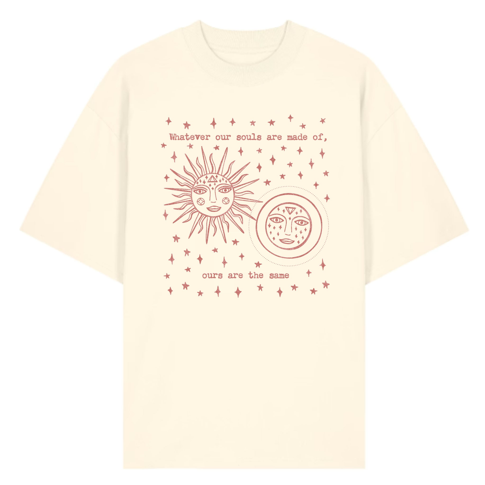 Beige t-shirt with sun and moon design and text on a white background