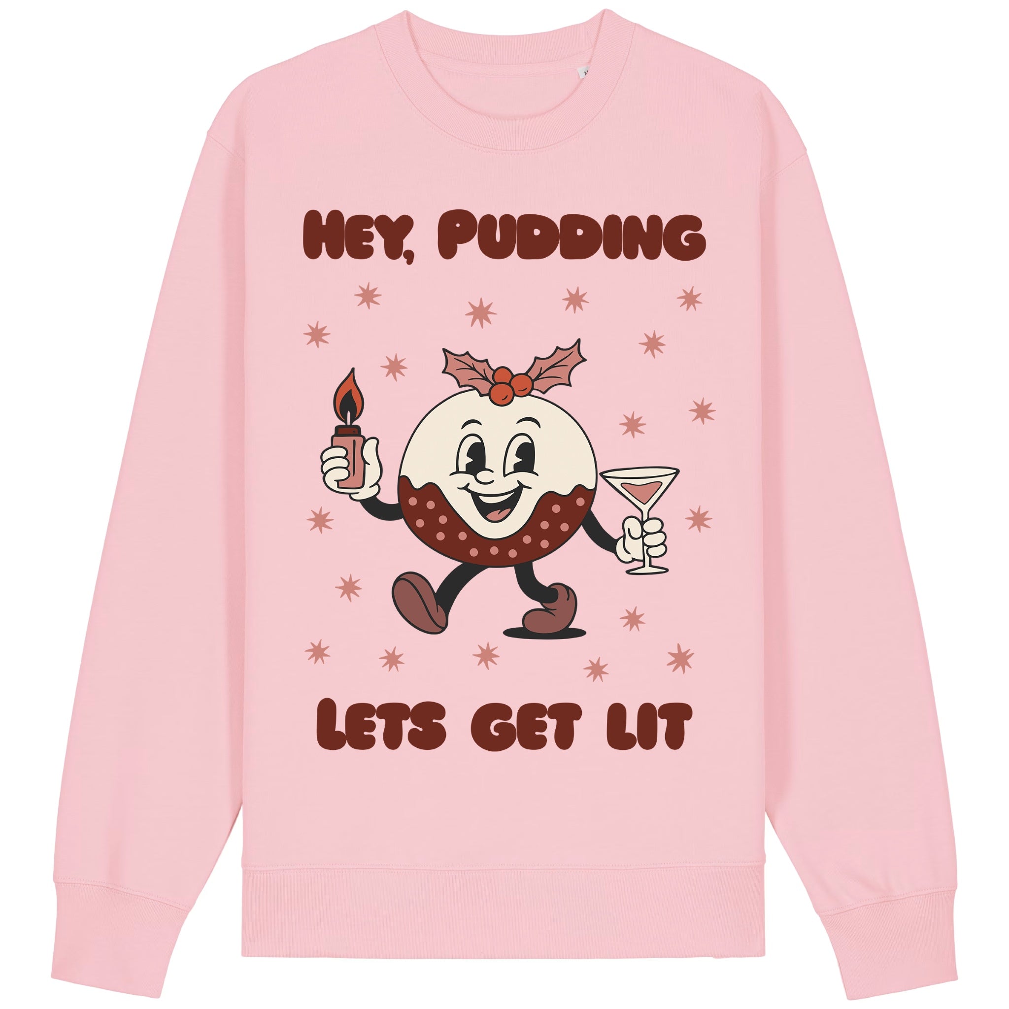 Pink sweatshirt with cartoon character and text 'Hey, Pudding Let's Get Lit' on a white background