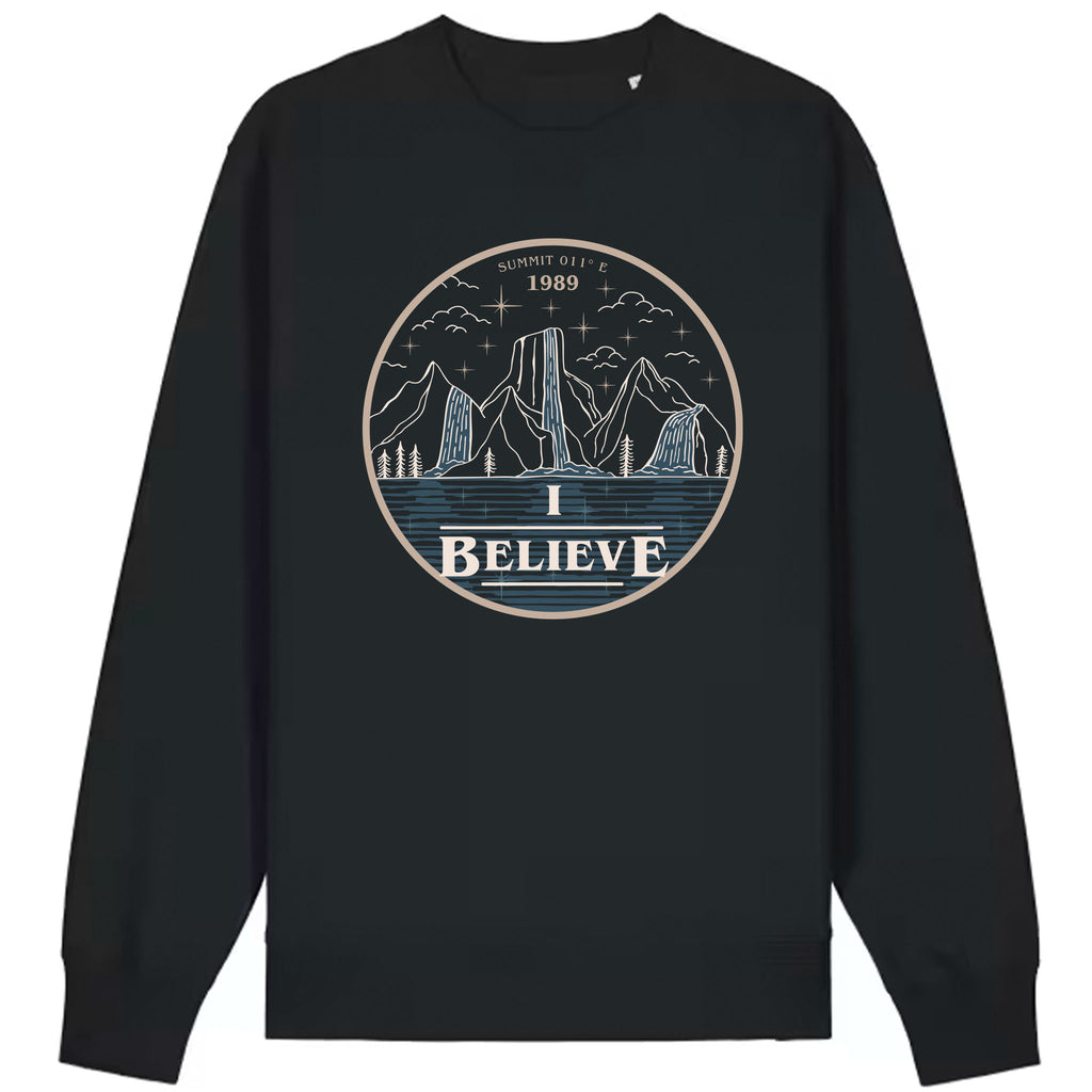 Black sweatshirt with mountain graphic and 'I BELIEVE' text on a white background