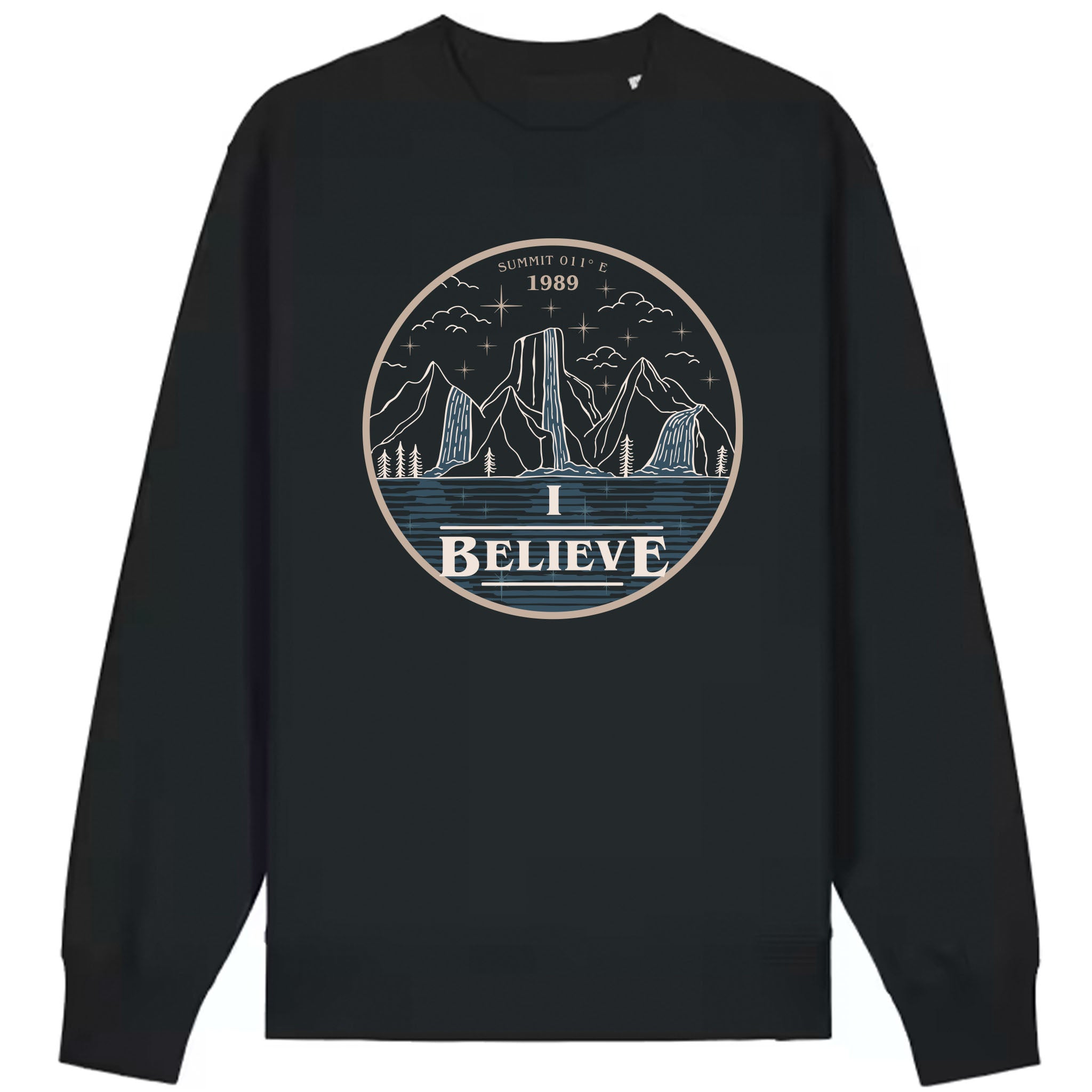 Black sweatshirt with mountain graphic and 'I BELIEVE' text on a white background