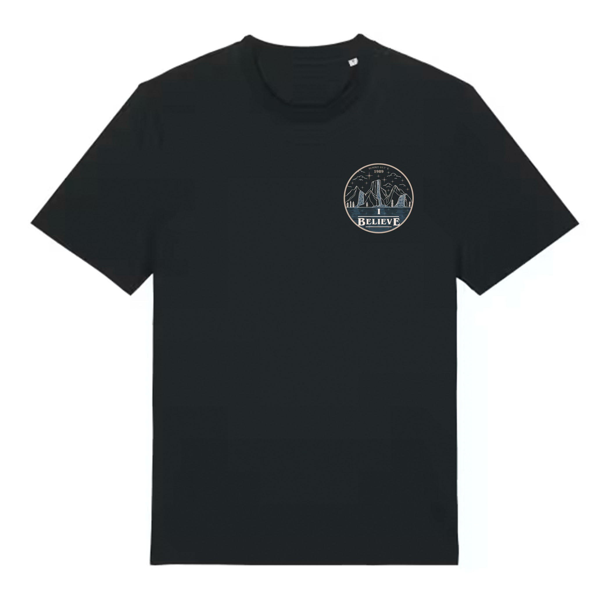 Black t-shirt with a circular graphic design on a white background