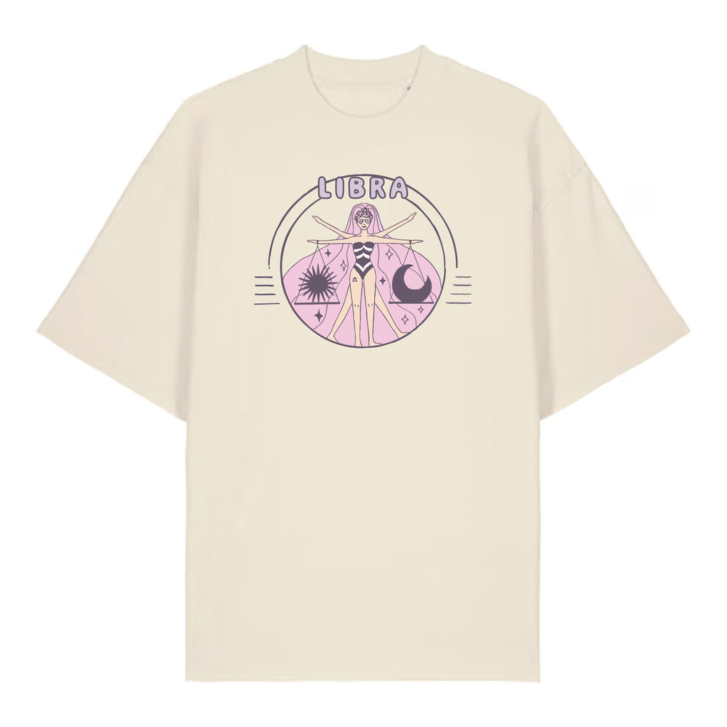 Beige t-shirt with Libra zodiac design on a white background