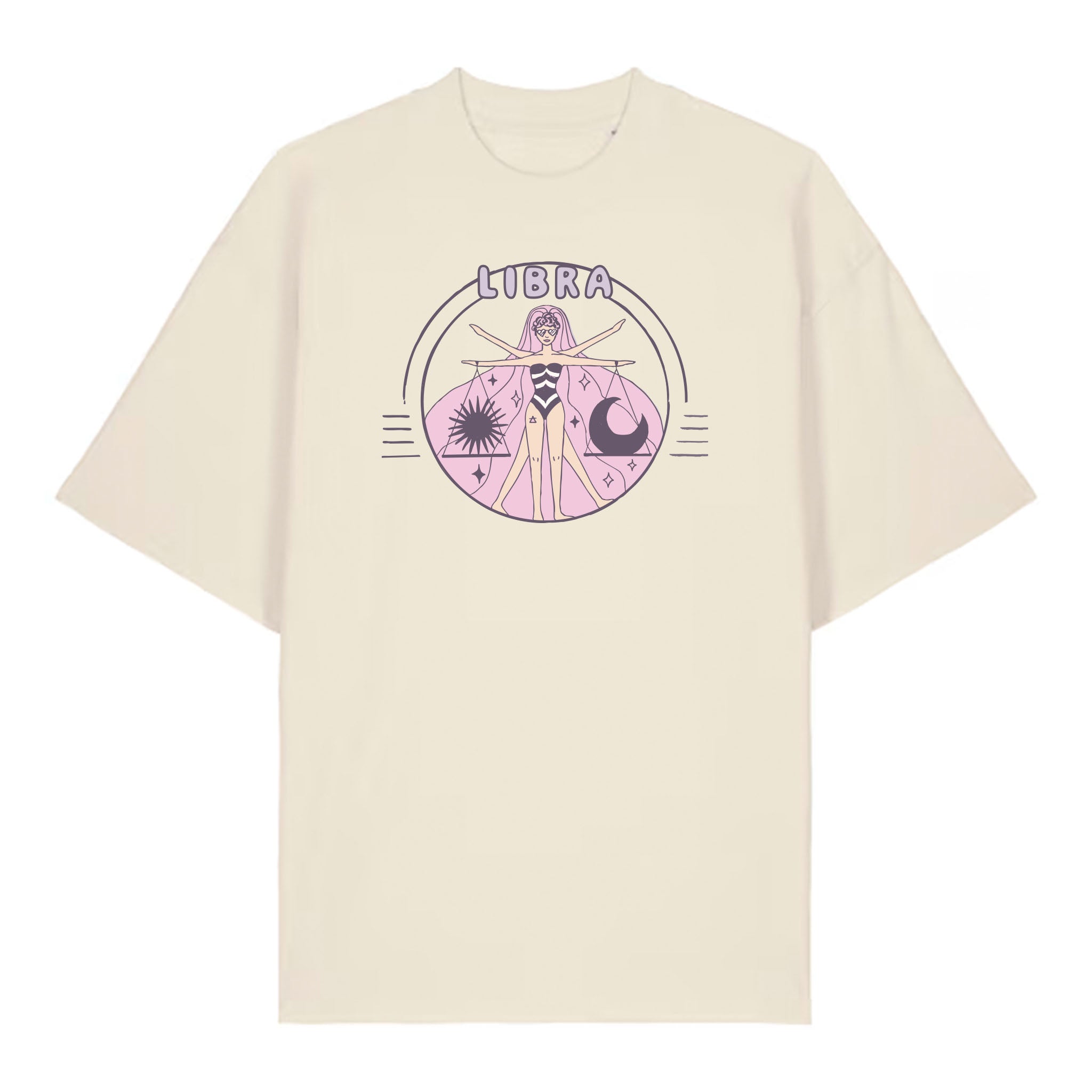 Beige t-shirt with Libra zodiac design on a white background