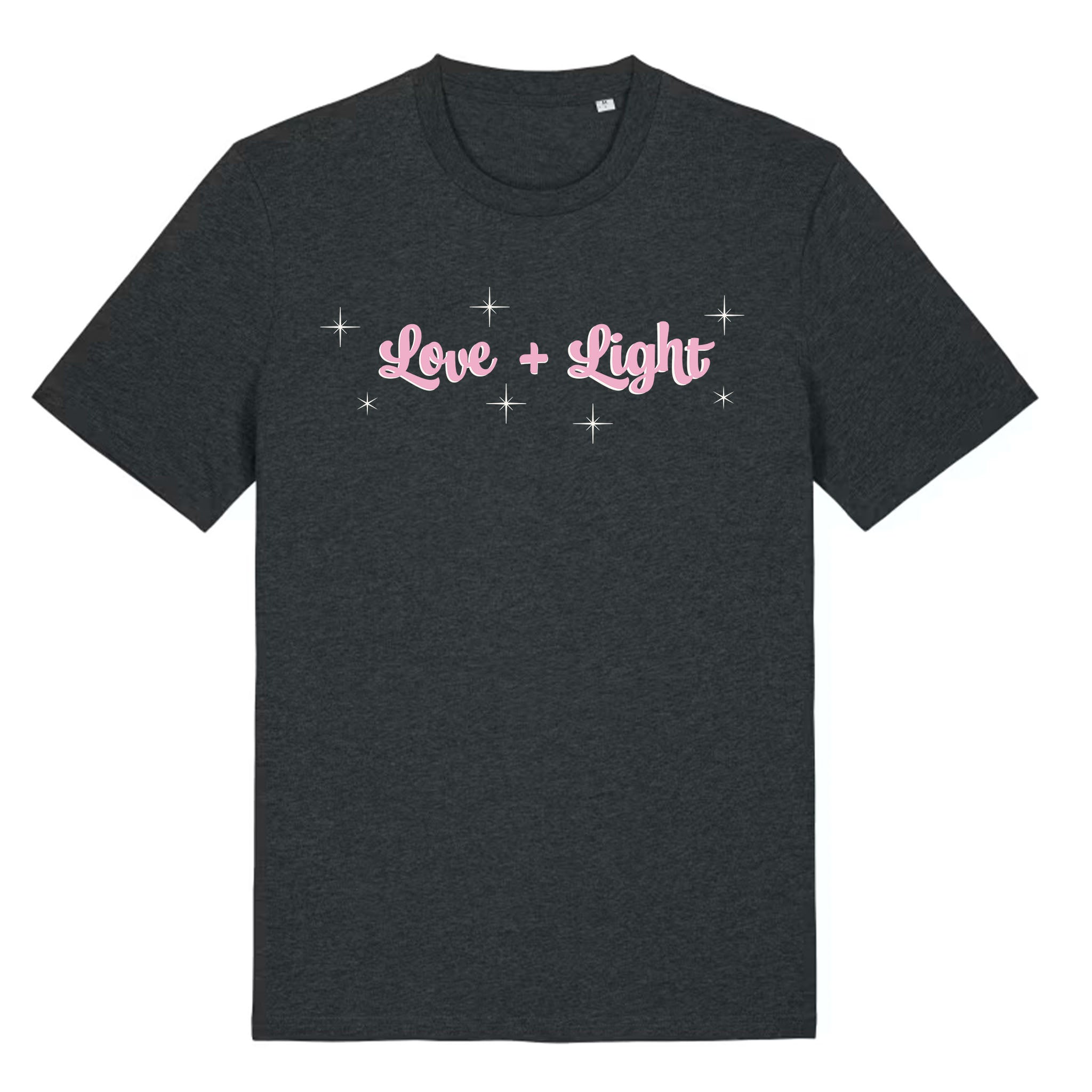 Dark grey t-shirt with 'Love + Light' text in pink on a white background