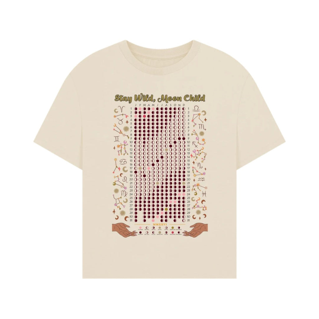 Beige t-shirt with decorative text and patterns on a white background