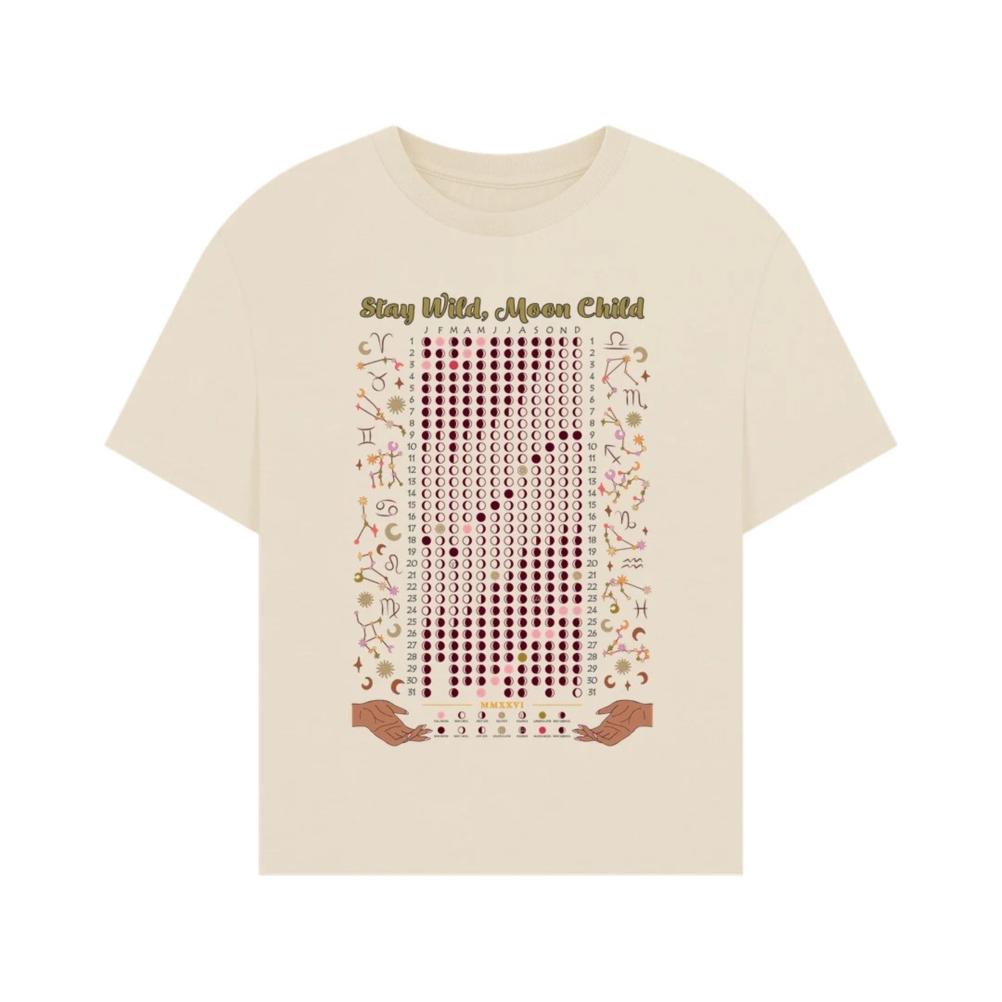 Beige t-shirt with decorative text and patterns on a white background