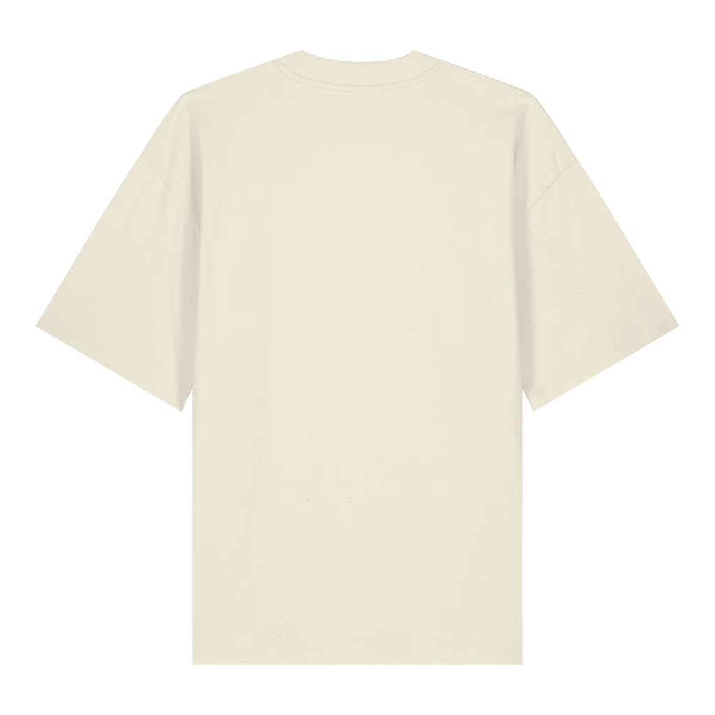 Back view of a plain natural beige over-sized t-shirt on a white background