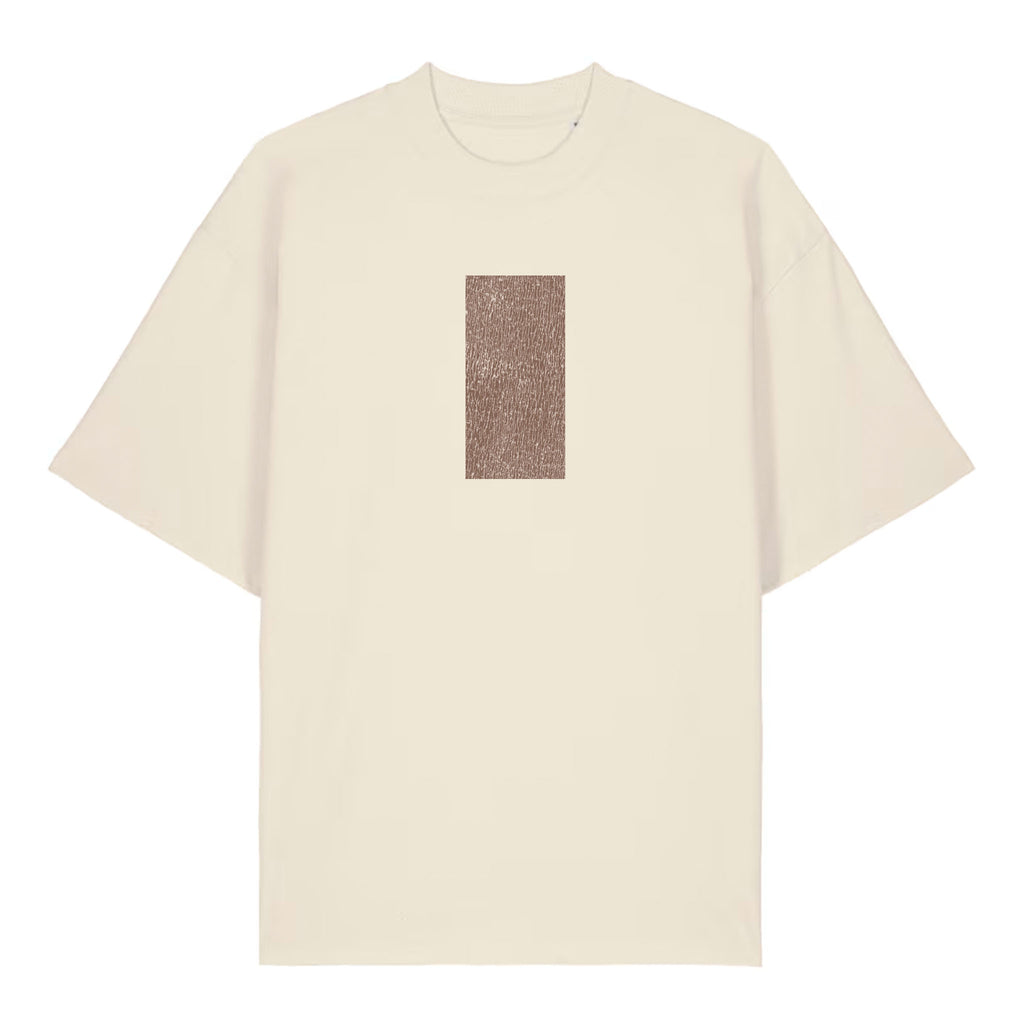 Beige t-shirt with a brown rectangular pattern on a white background