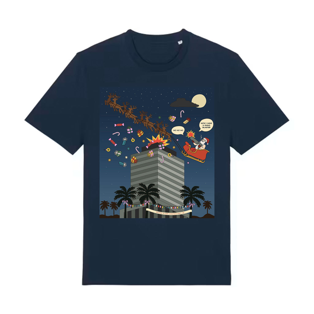 Navy blue t-shirt with a festive graphic of Santa Claus in a red sleigh above palm trees and a cityscape.