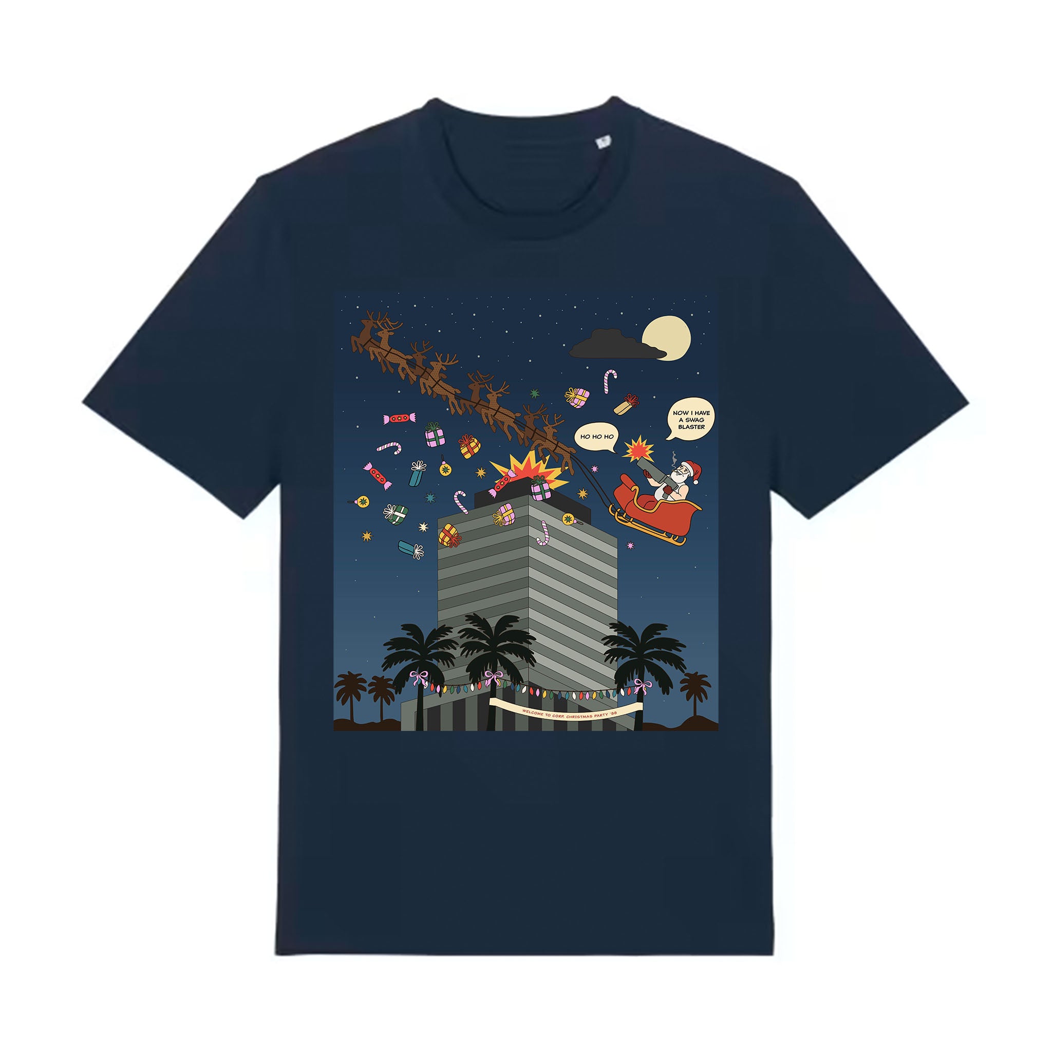 Navy blue t-shirt with a festive graphic of Santa Claus in a red sleigh above palm trees and a cityscape.