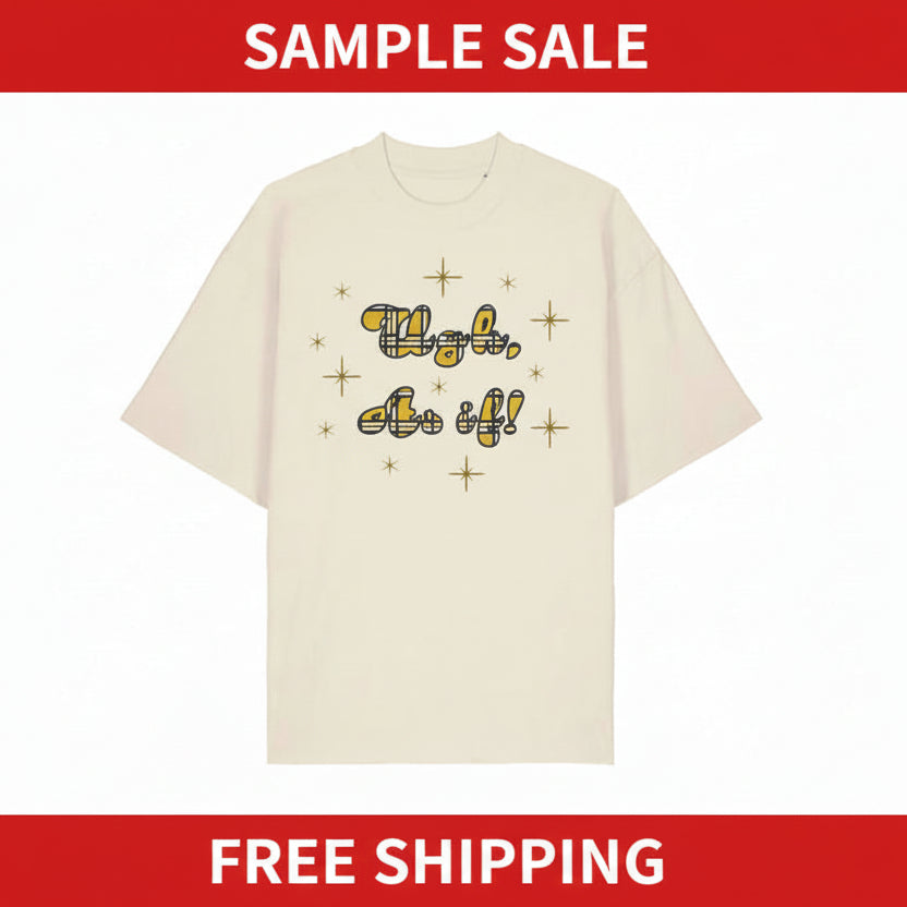 Beige t-shirt with yellow text and star designs on a white background