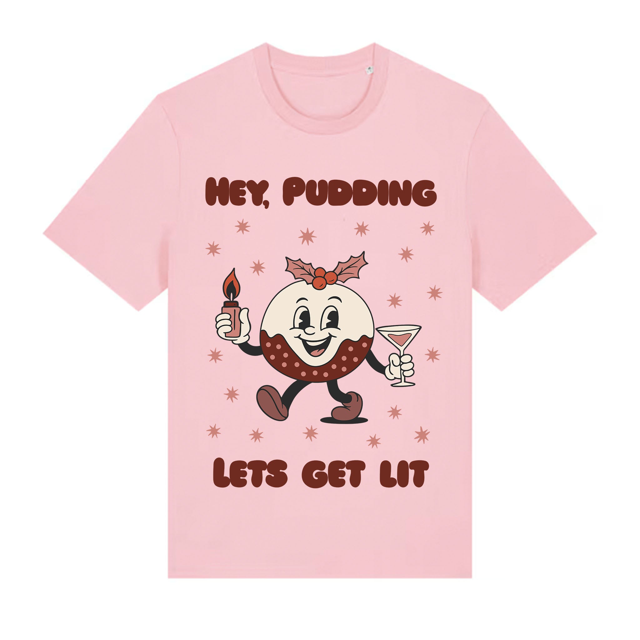 Pink t-shirt with cartoon pudding character holding a candle and martini glass, text 'Hey, Pudding Let's Get Lit' on a white background.