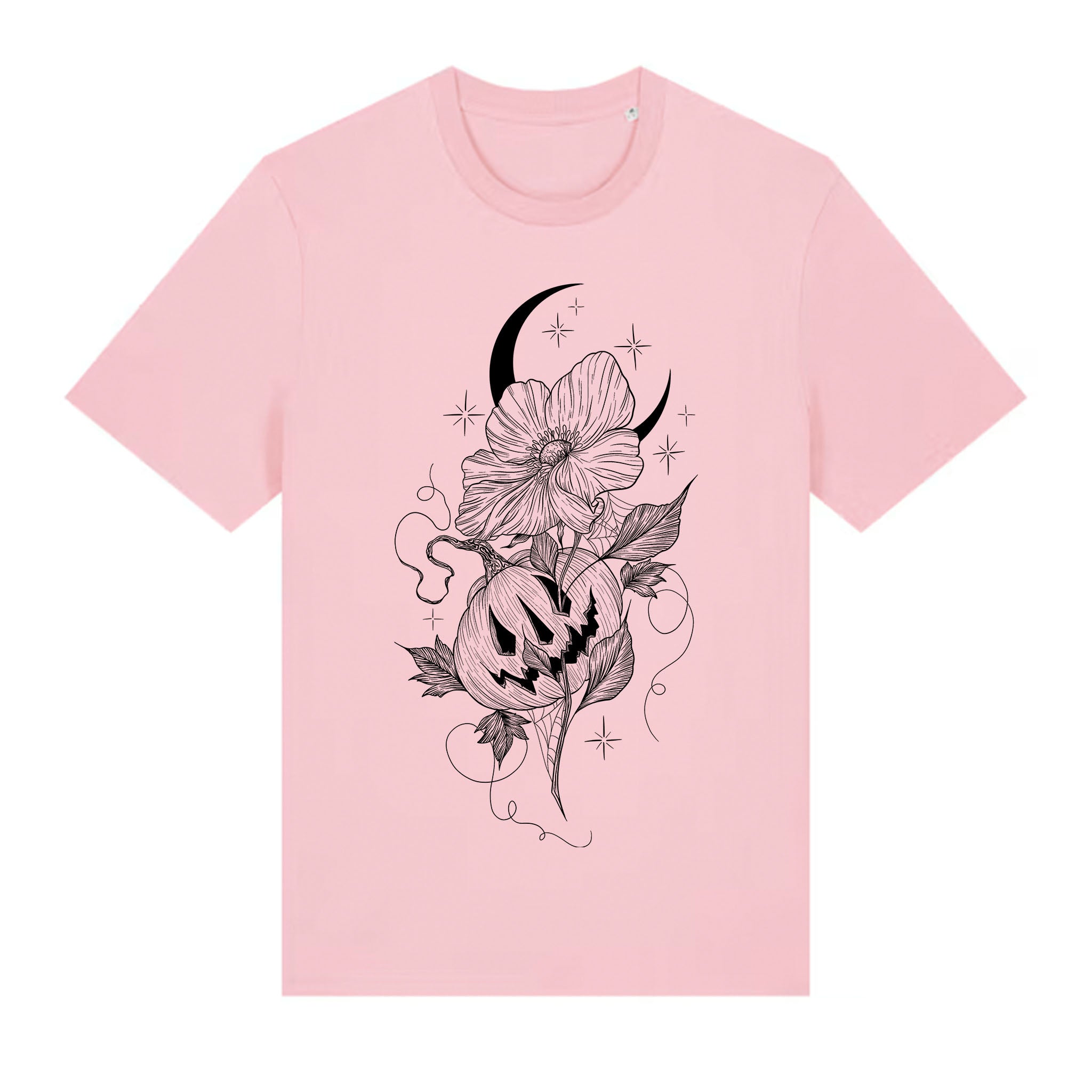 Pink t-shirt with black floral and moon design on a white background