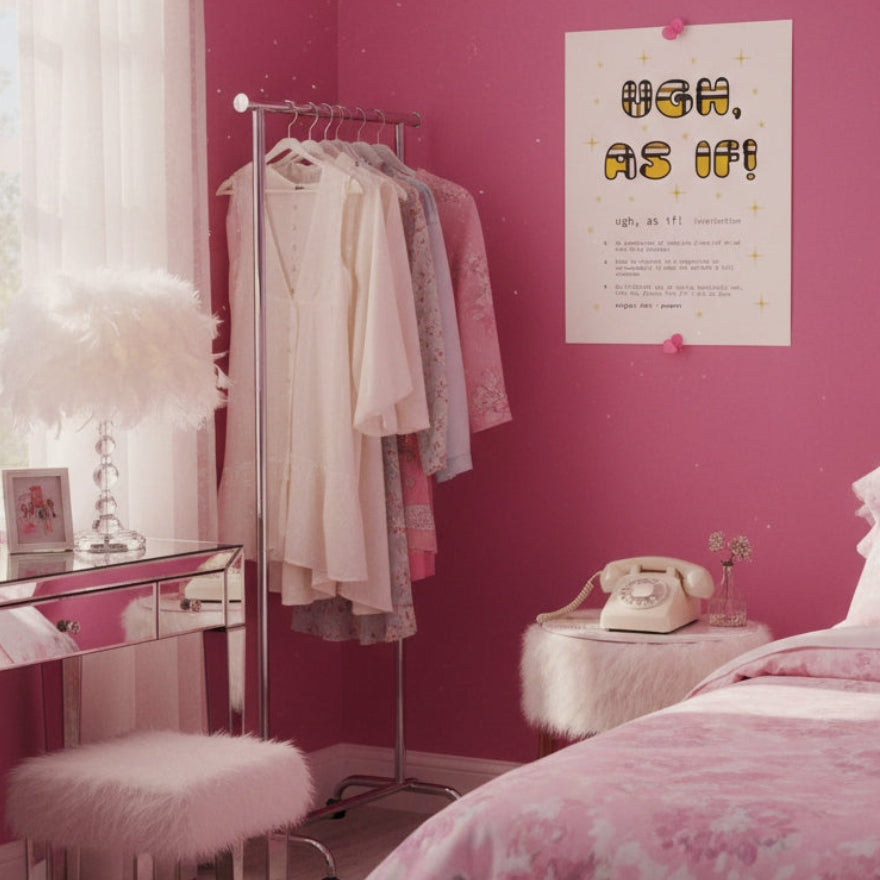 Pink bedroom with bed, mirror, and clothing rack.