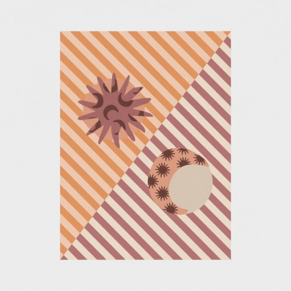 Geometric patterned card with sun and moon design on a light gray background