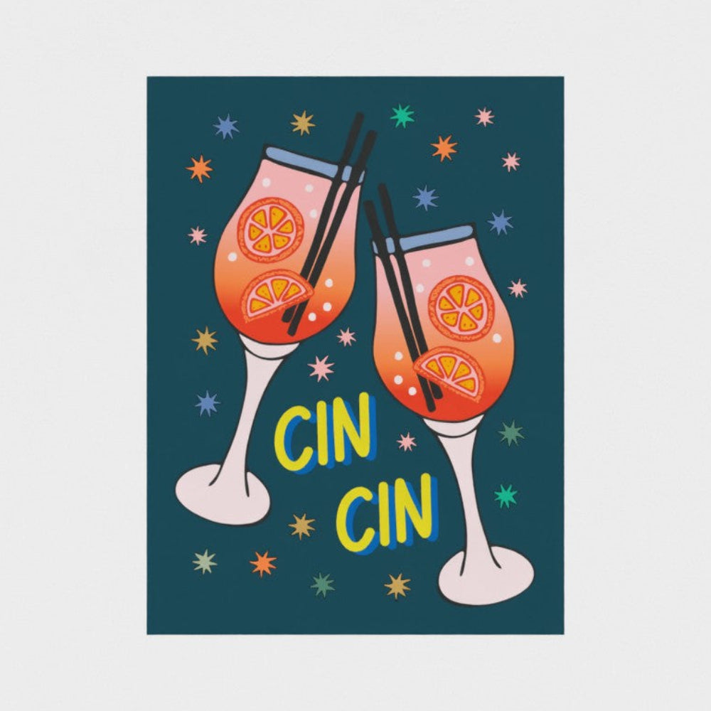 Illustration of two champagne glasses with orange slices and black straws on a dark blue background with 'Cin Cin' text.