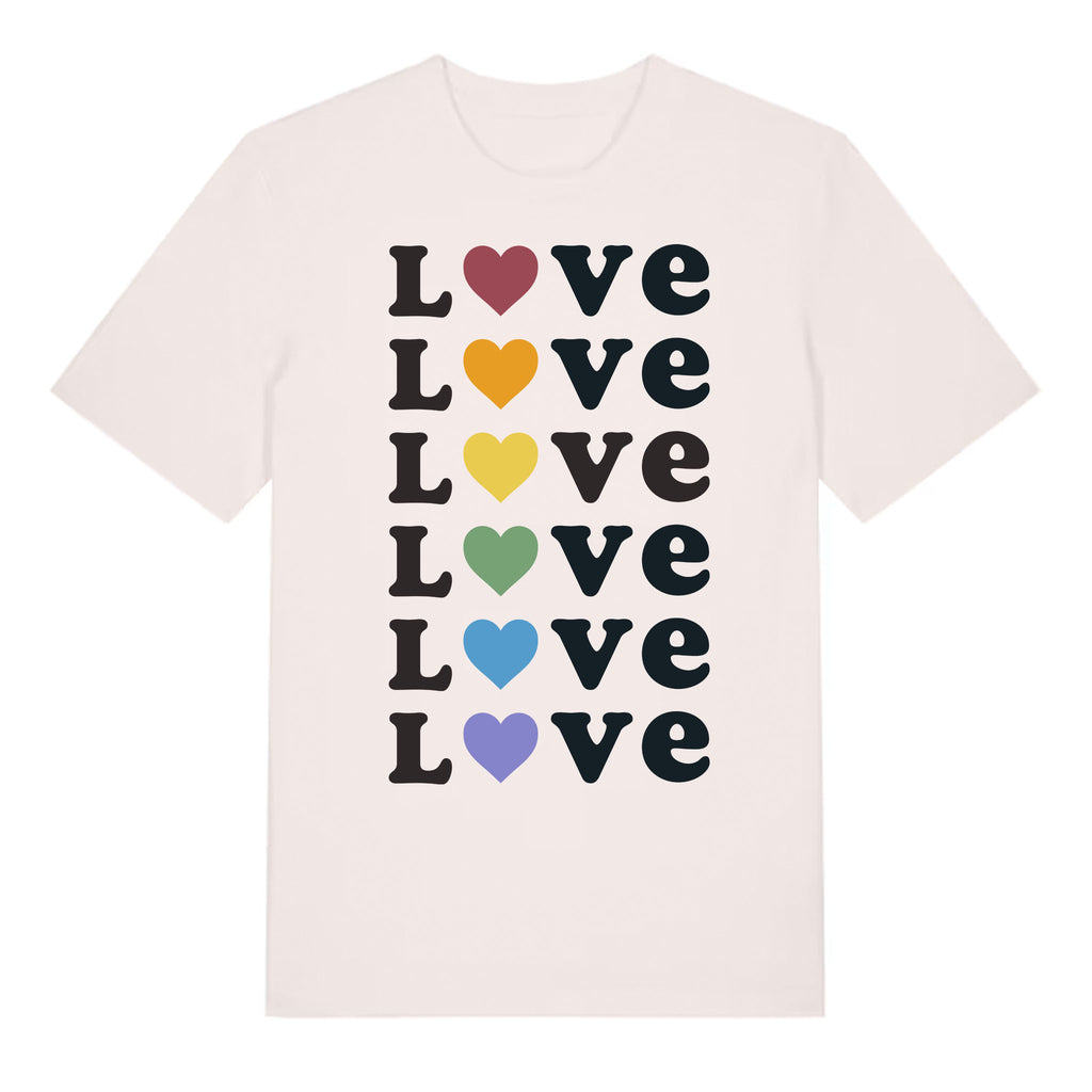 Love Vintage White T-Shirt with Pride Flag Inspired Rainbow Hearts