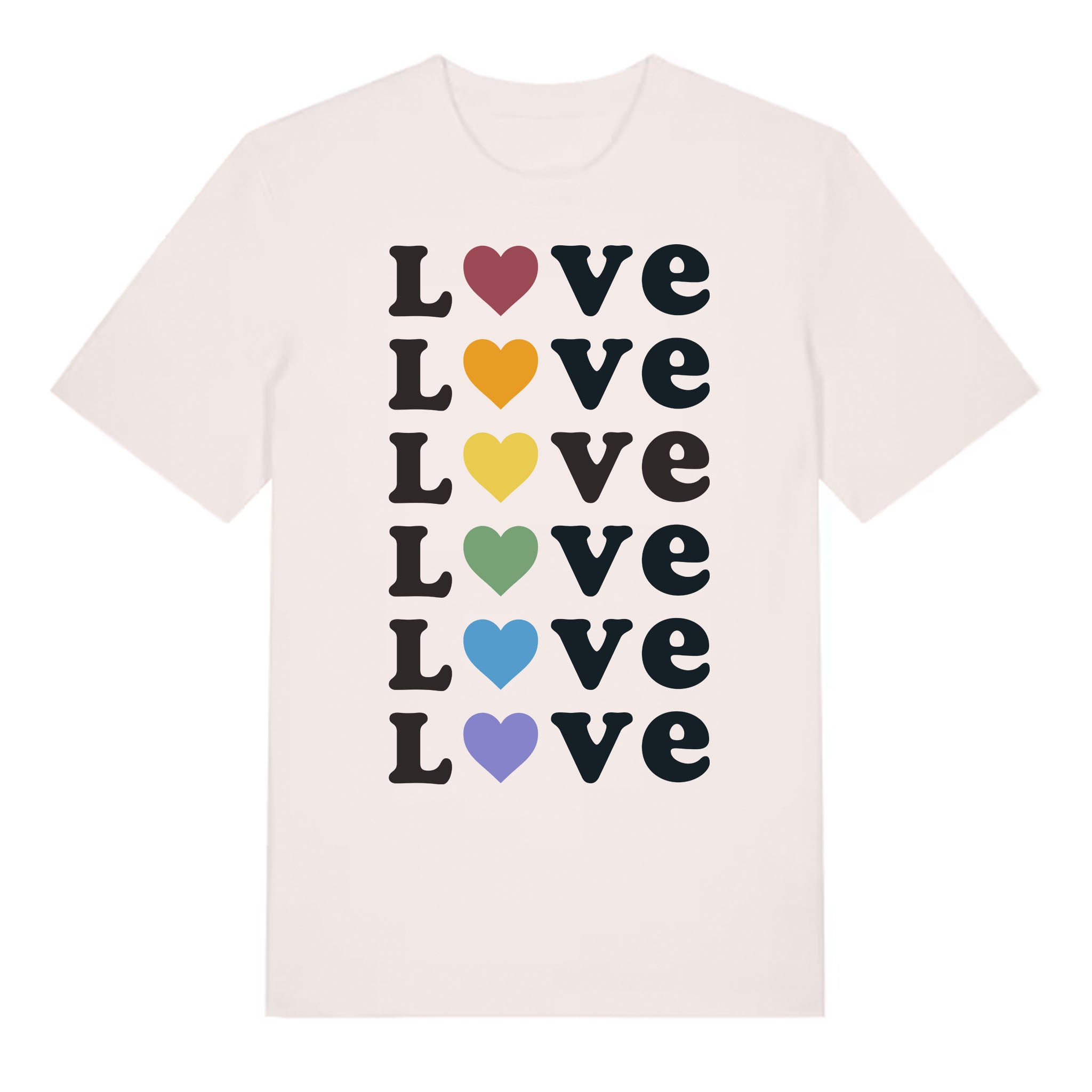 Love Vintage White T-Shirt with Pride Flag Inspired Rainbow Hearts