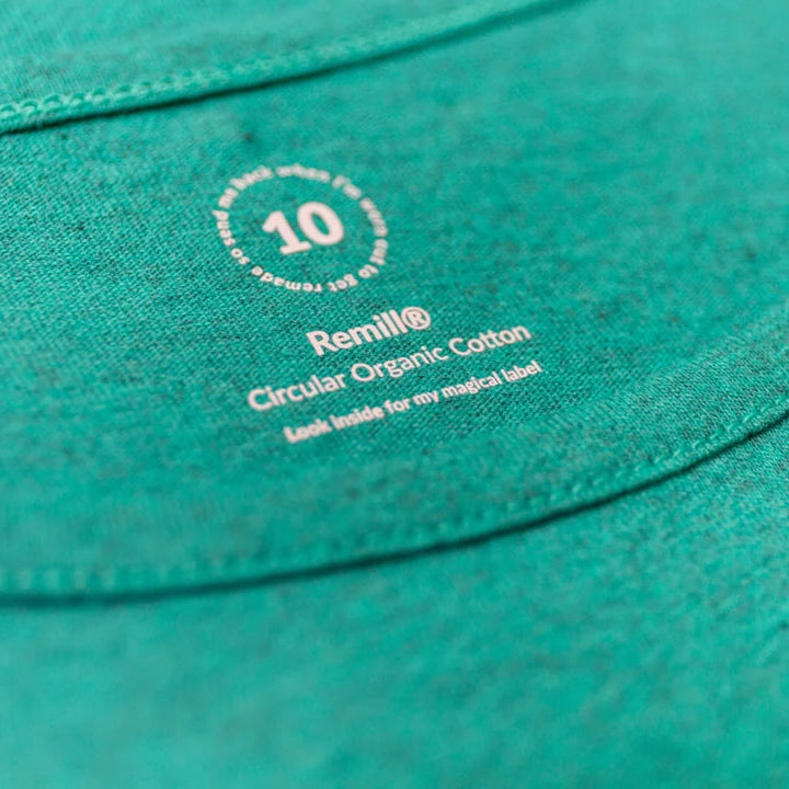 Close-up of a teal fabric with Remill logo and text on a green background