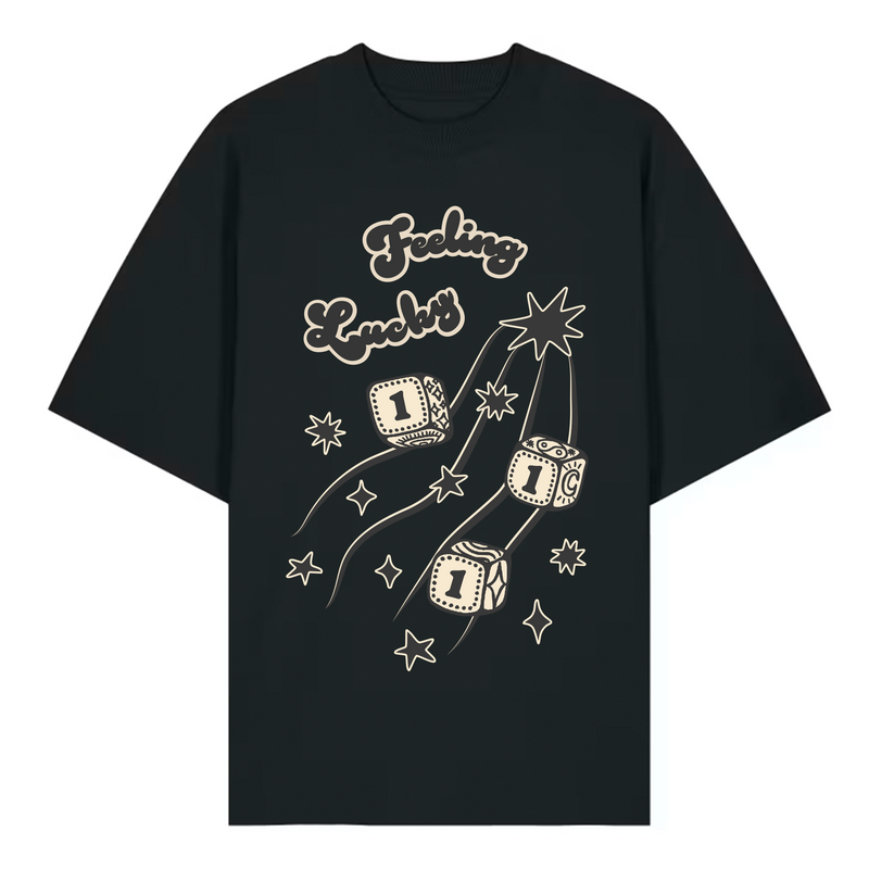 Black t-shirt with dice and 'Feeling Lucky' text design. Dice rolls show 111.